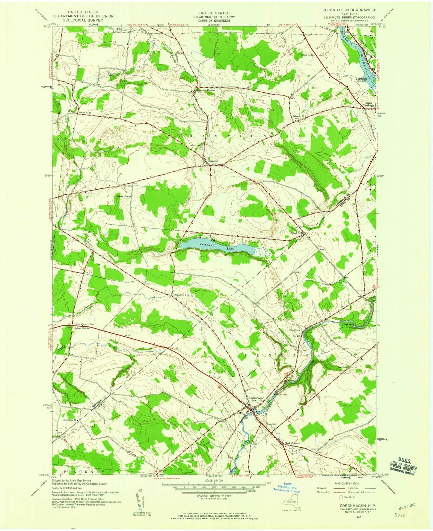 Classic USGS Copenhagen New York 7.5'x7.5' Topo Map Image