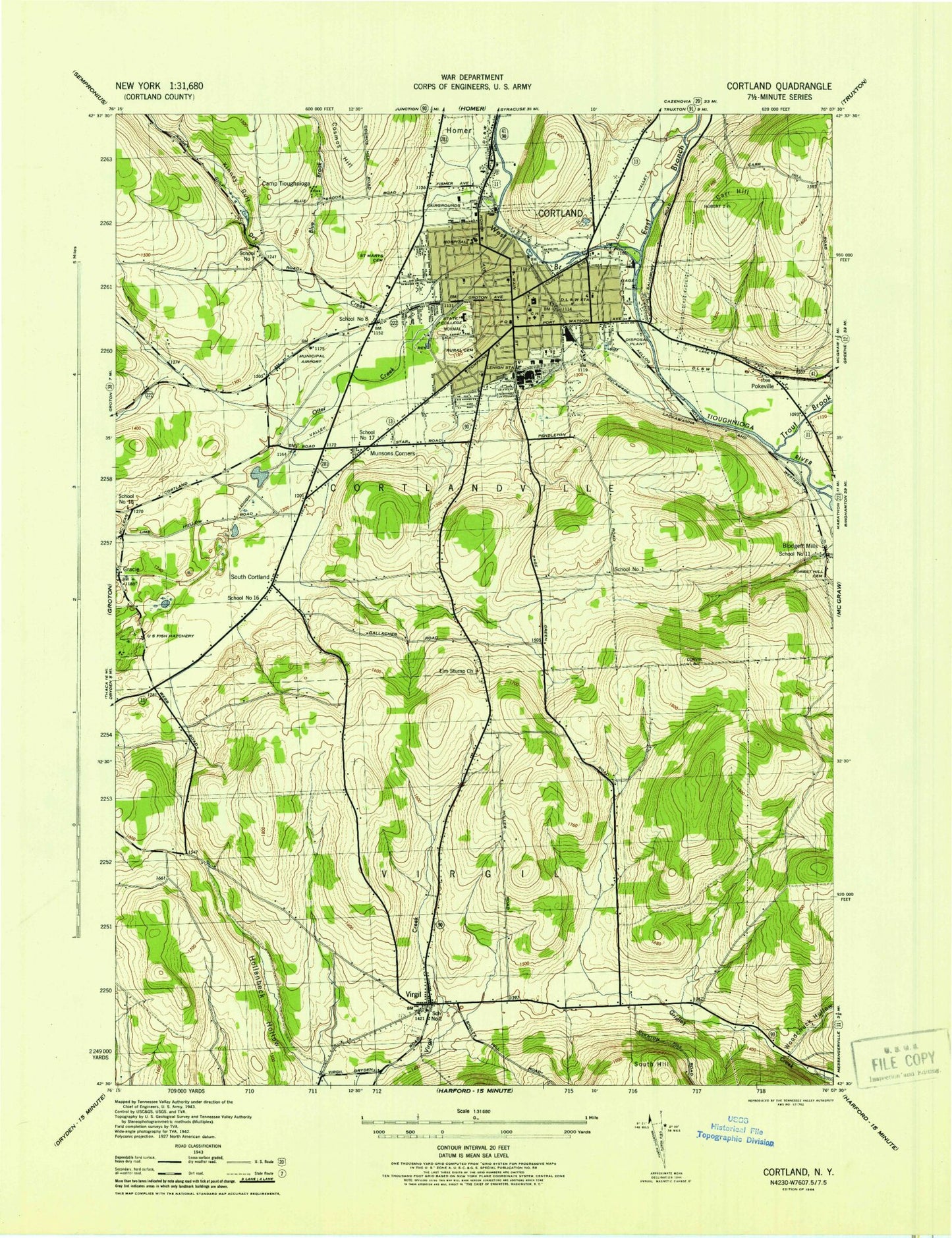Classic USGS Cortland New York 7.5'x7.5' Topo Map Image