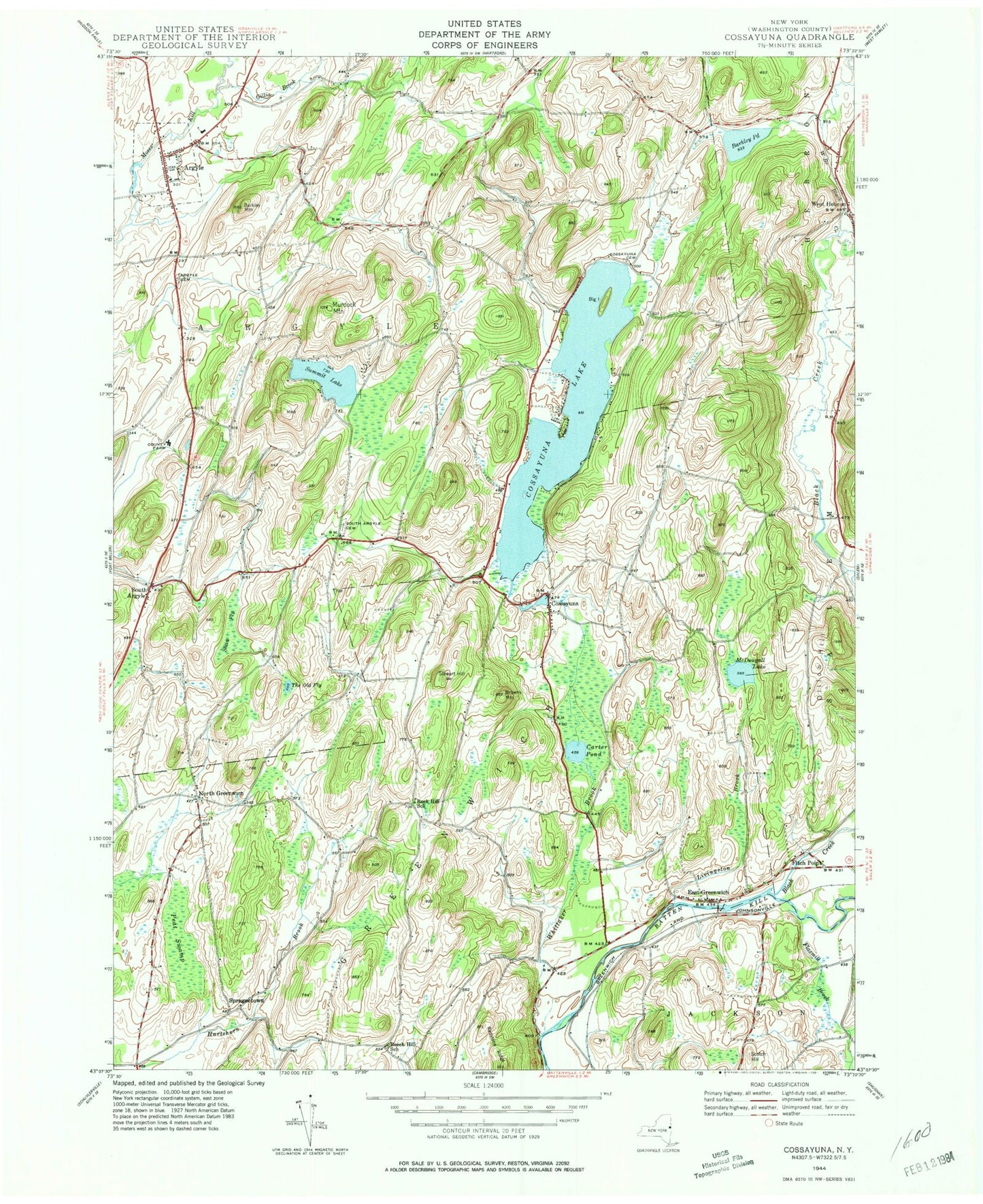 Classic USGS Cossayuna New York 7.5'x7.5' Topo Map Image