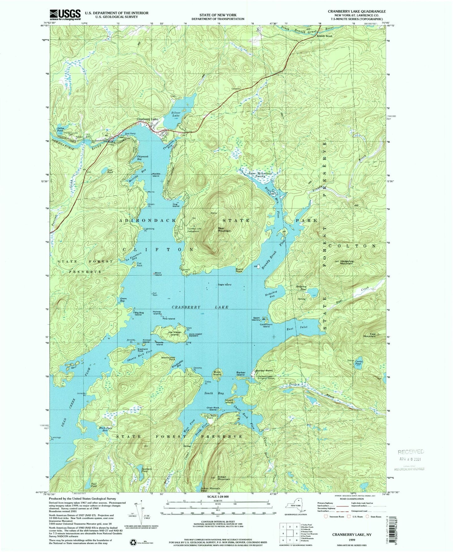 USGS Classic Cranberry Lake New York 7.5'x7.5' Topo Map Image