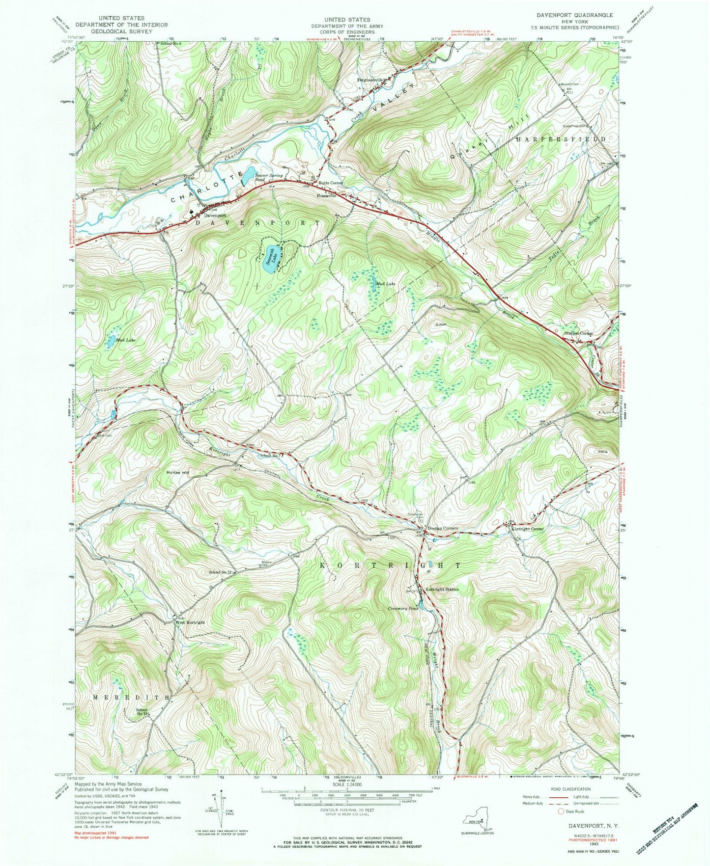 Classic USGS Davenport New York 7.5'x7.5' Topo Map Image
