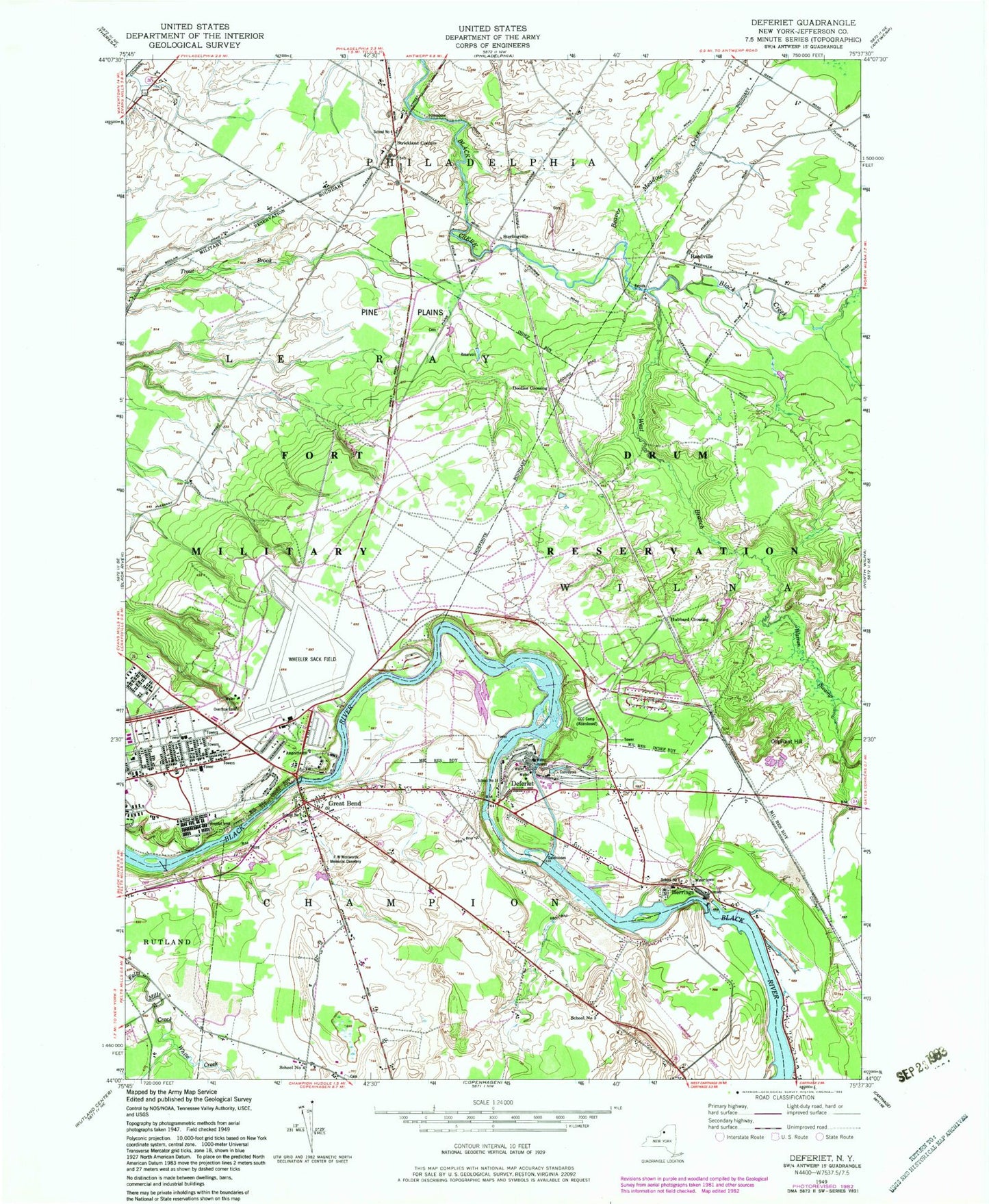 Classic USGS Deferiet New York 7.5'x7.5' Topo Map Image