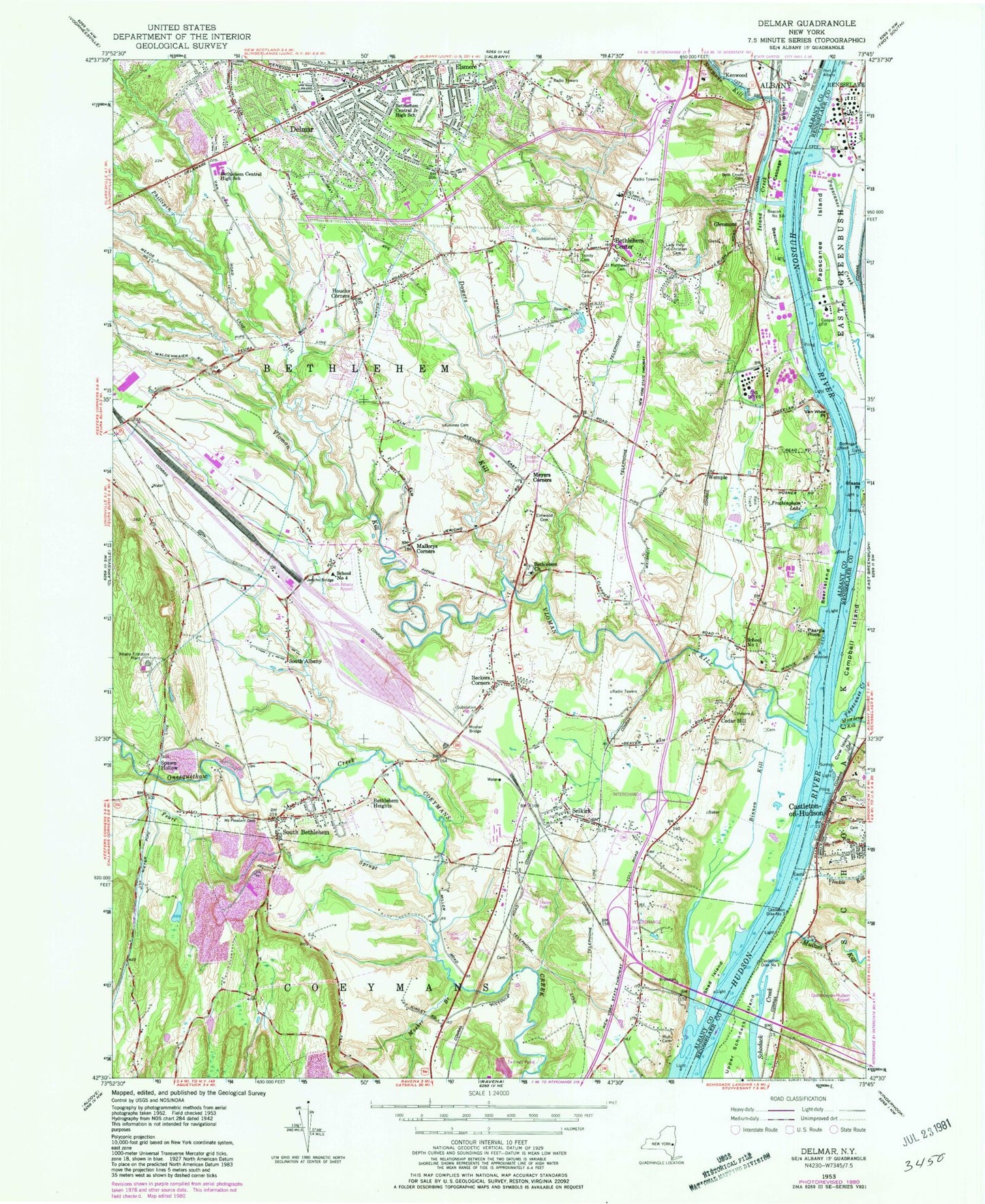 Classic USGS Delmar New York 7.5'x7.5' Topo Map Image