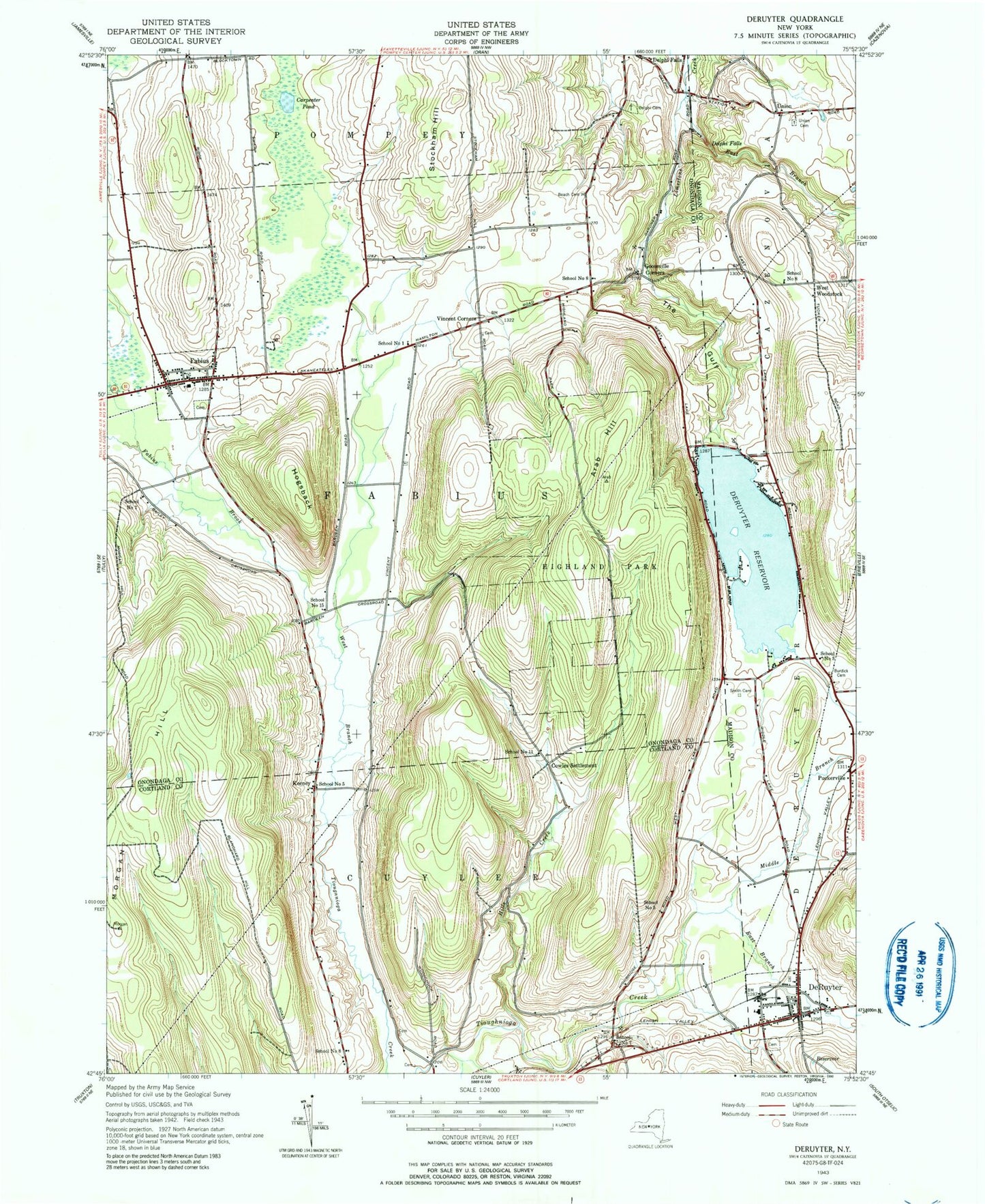 Classic USGS DeRuyter New York 7.5'x7.5' Topo Map Image