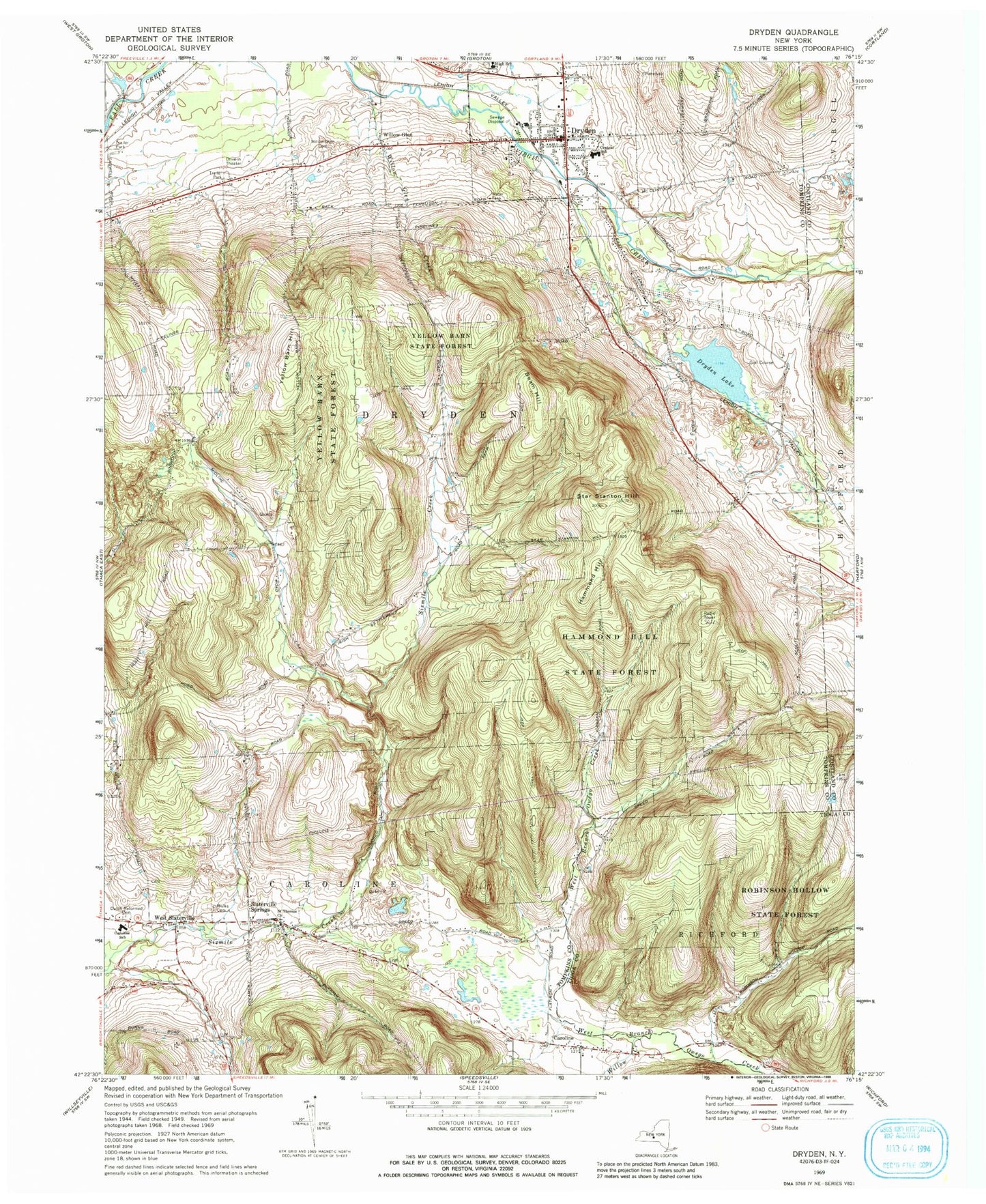 Classic USGS Dryden New York 7.5'x7.5' Topo Map Image