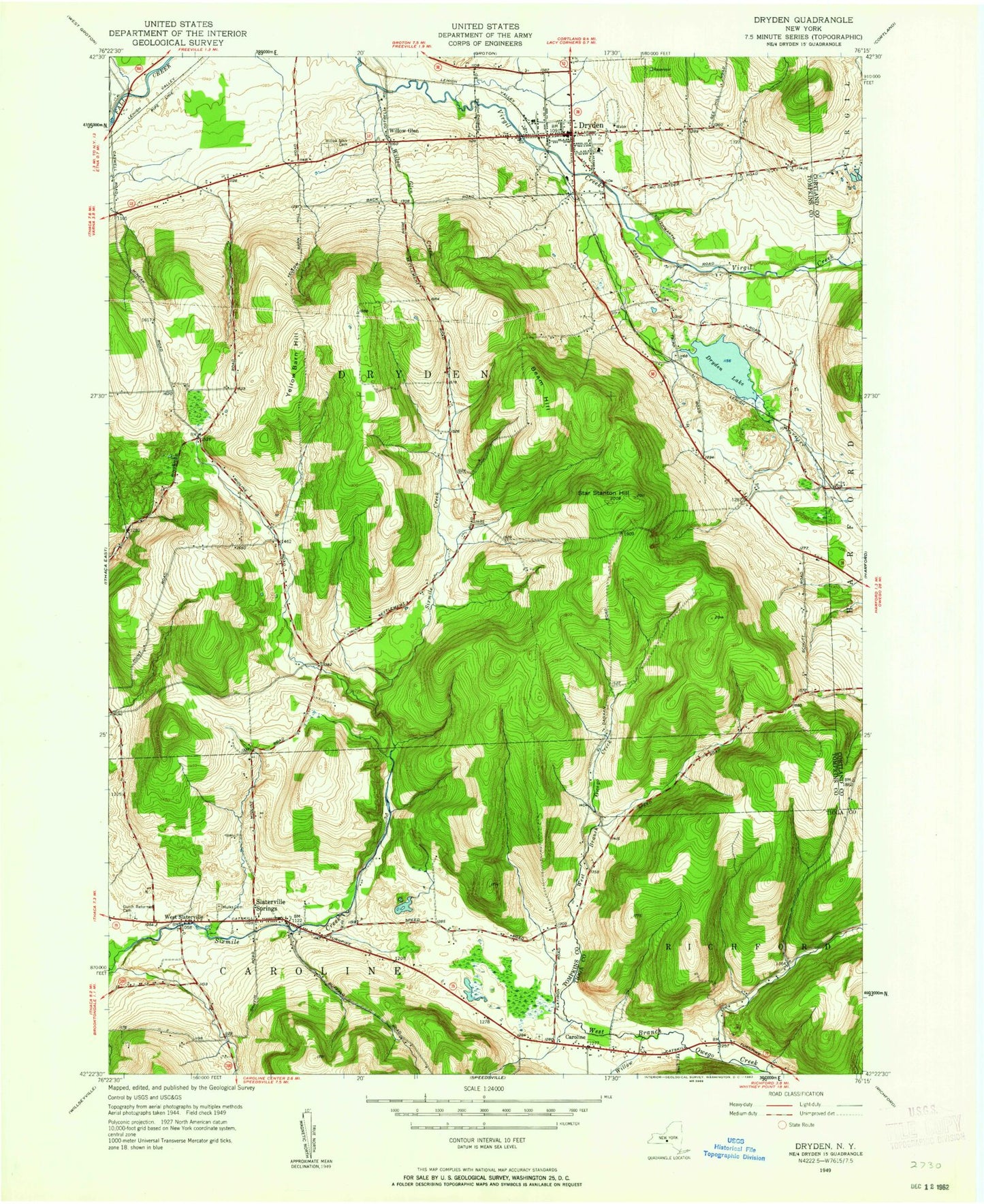 Classic USGS Dryden New York 7.5'x7.5' Topo Map Image