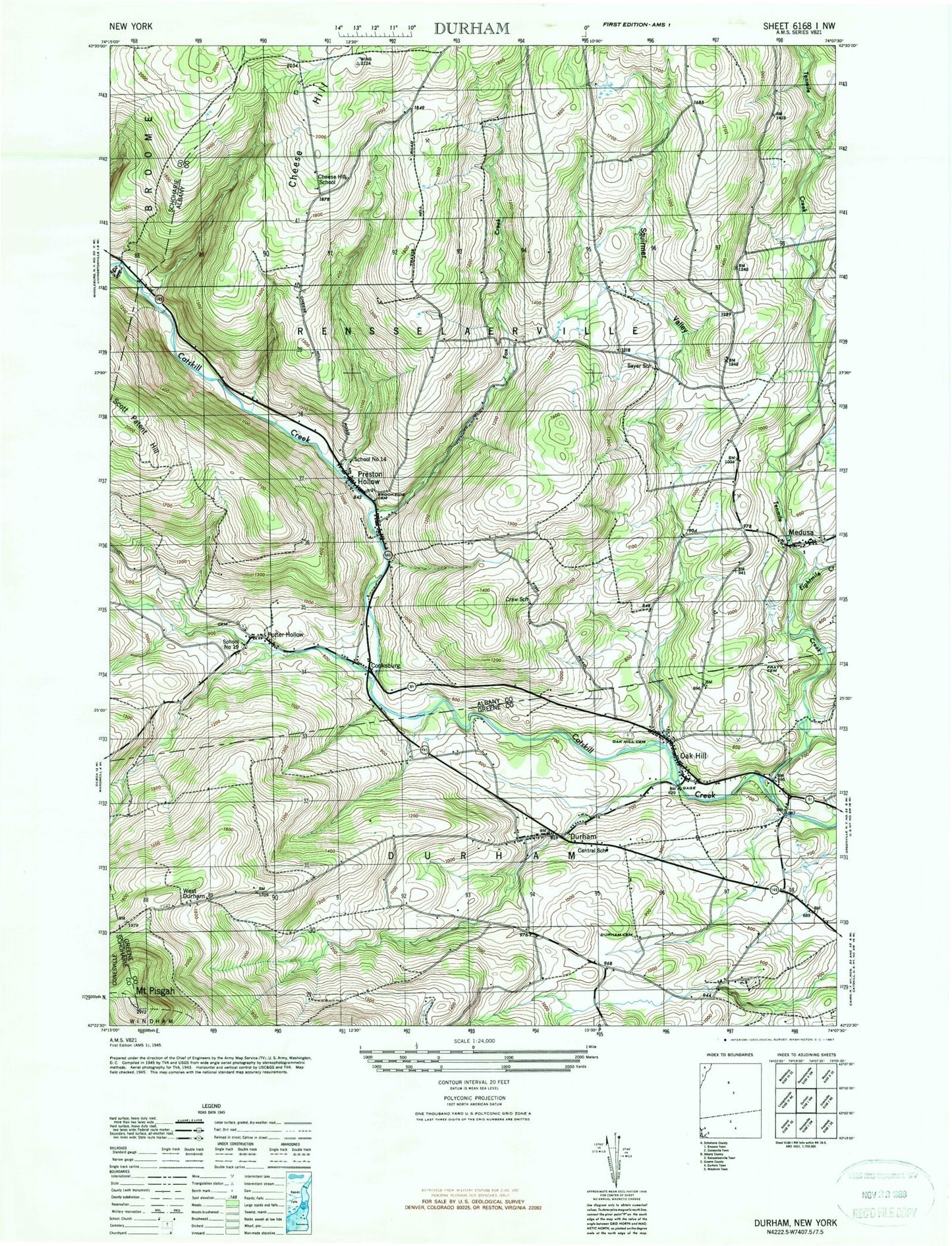 Classic USGS Durham New York 7.5'x7.5' Topo Map Image