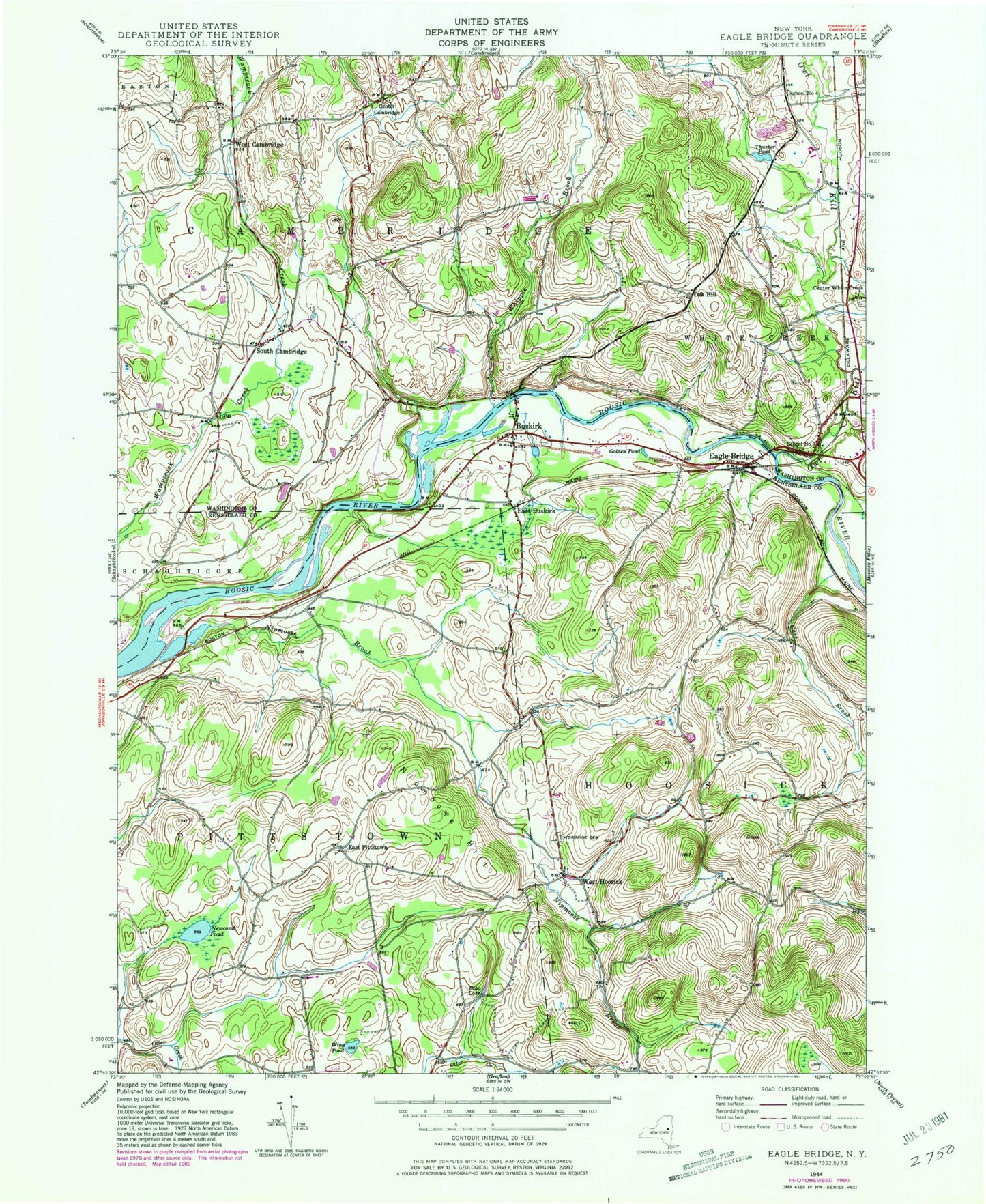 Classic USGS Eagle Bridge New York 7.5'x7.5' Topo Map Image