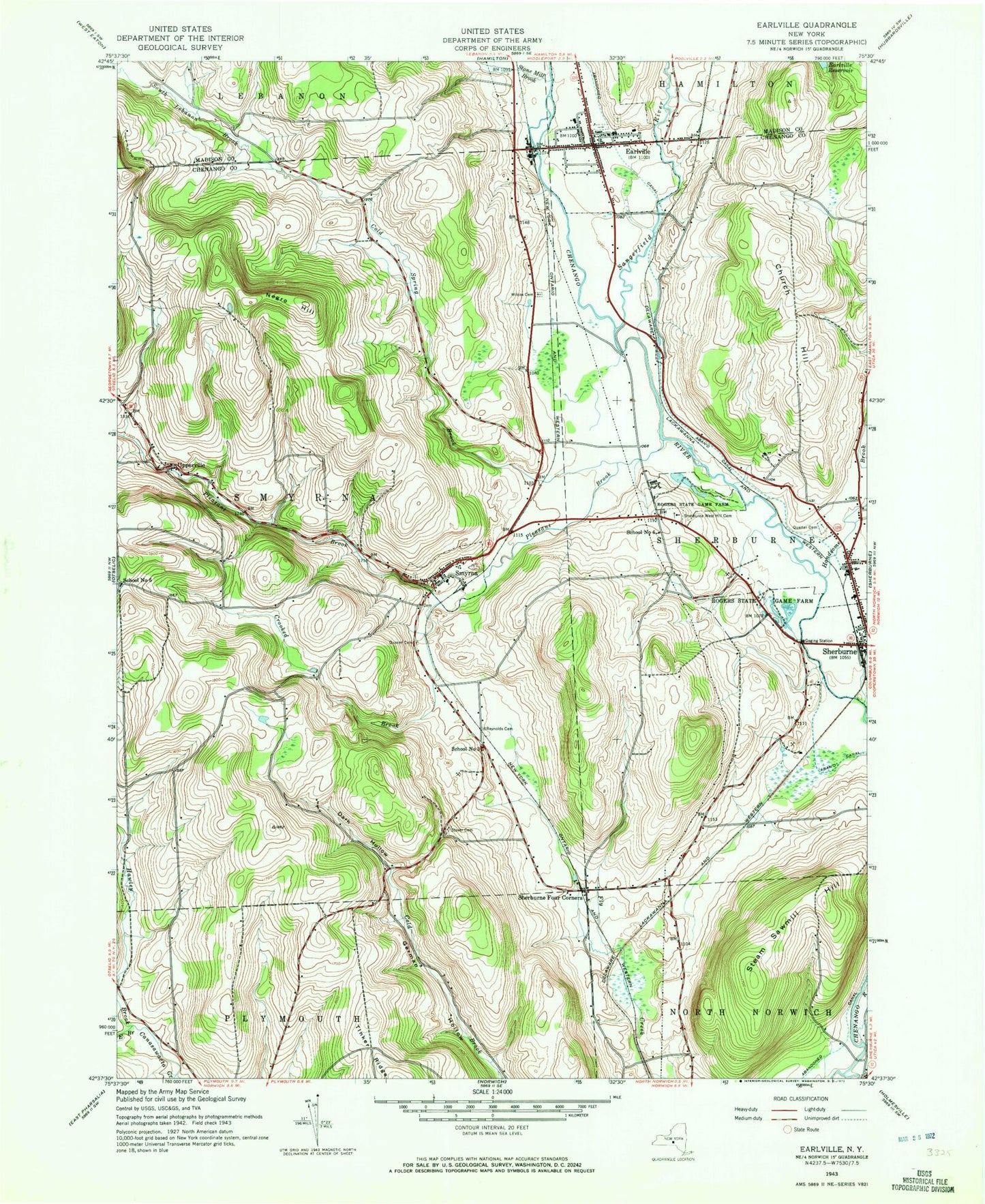 Classic USGS Earlville New York 7.5'x7.5' Topo Map Image