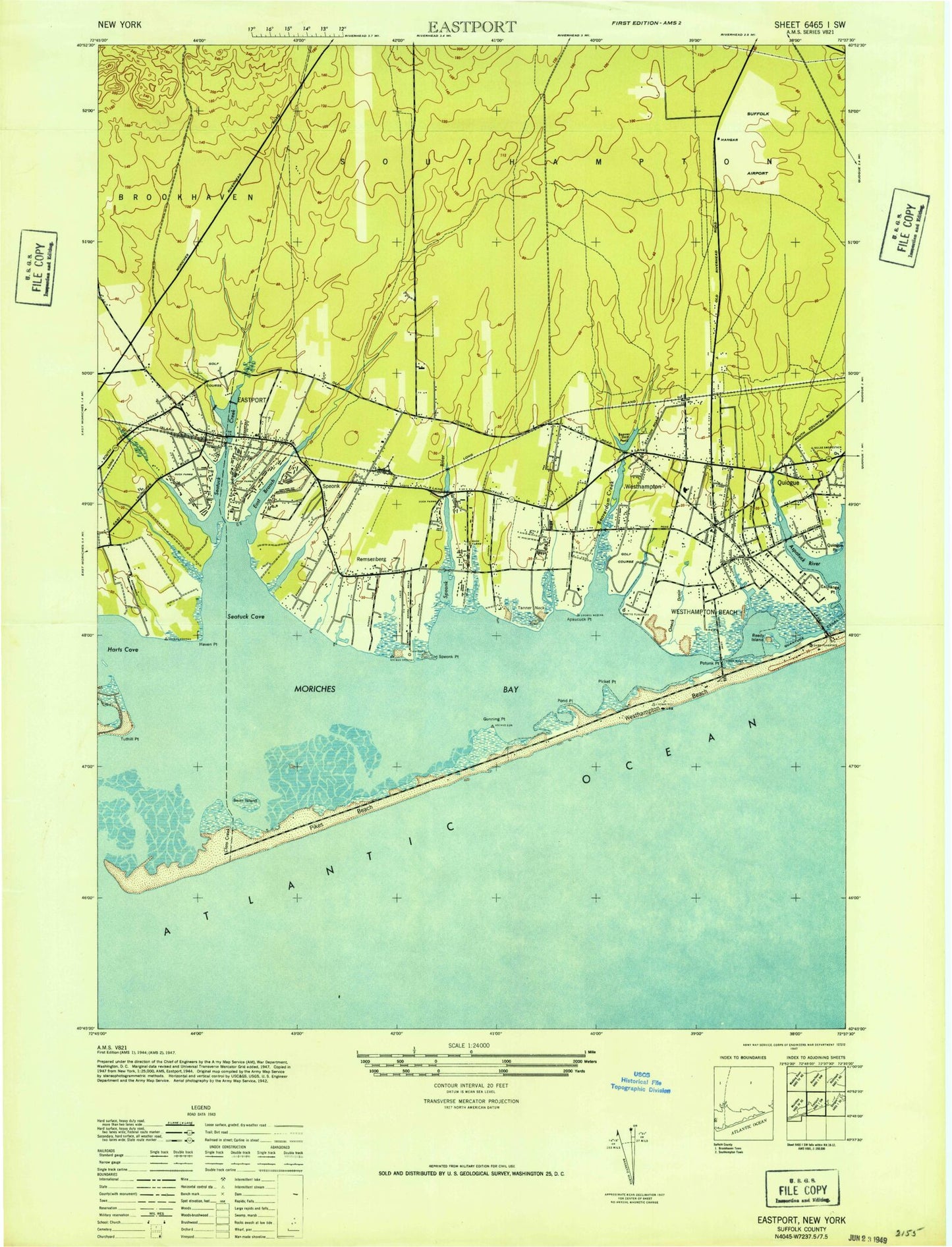 Classic USGS Eastport New York 7.5'x7.5' Topo Map Image