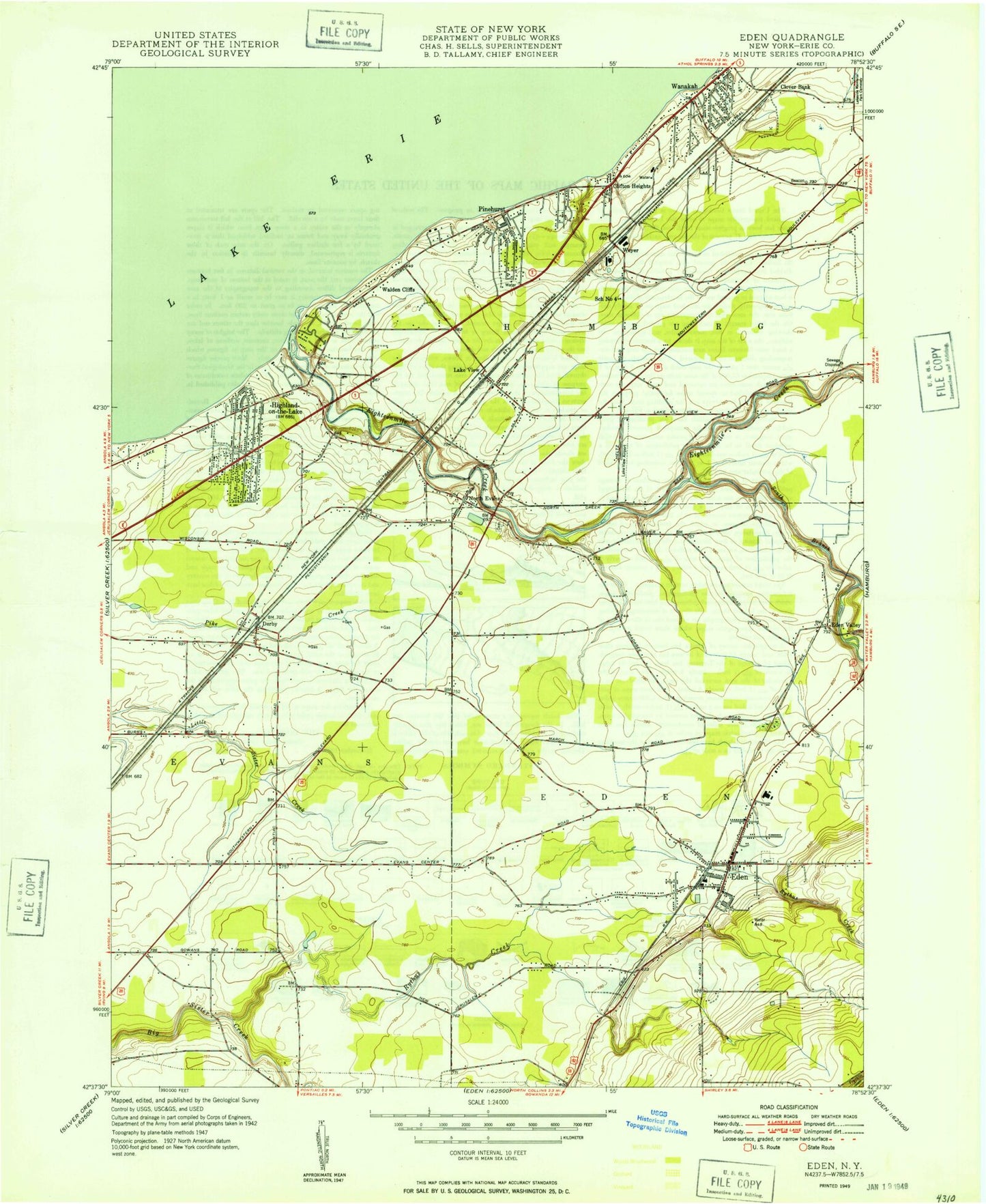 Classic USGS Eden New York 7.5'x7.5' Topo Map Image