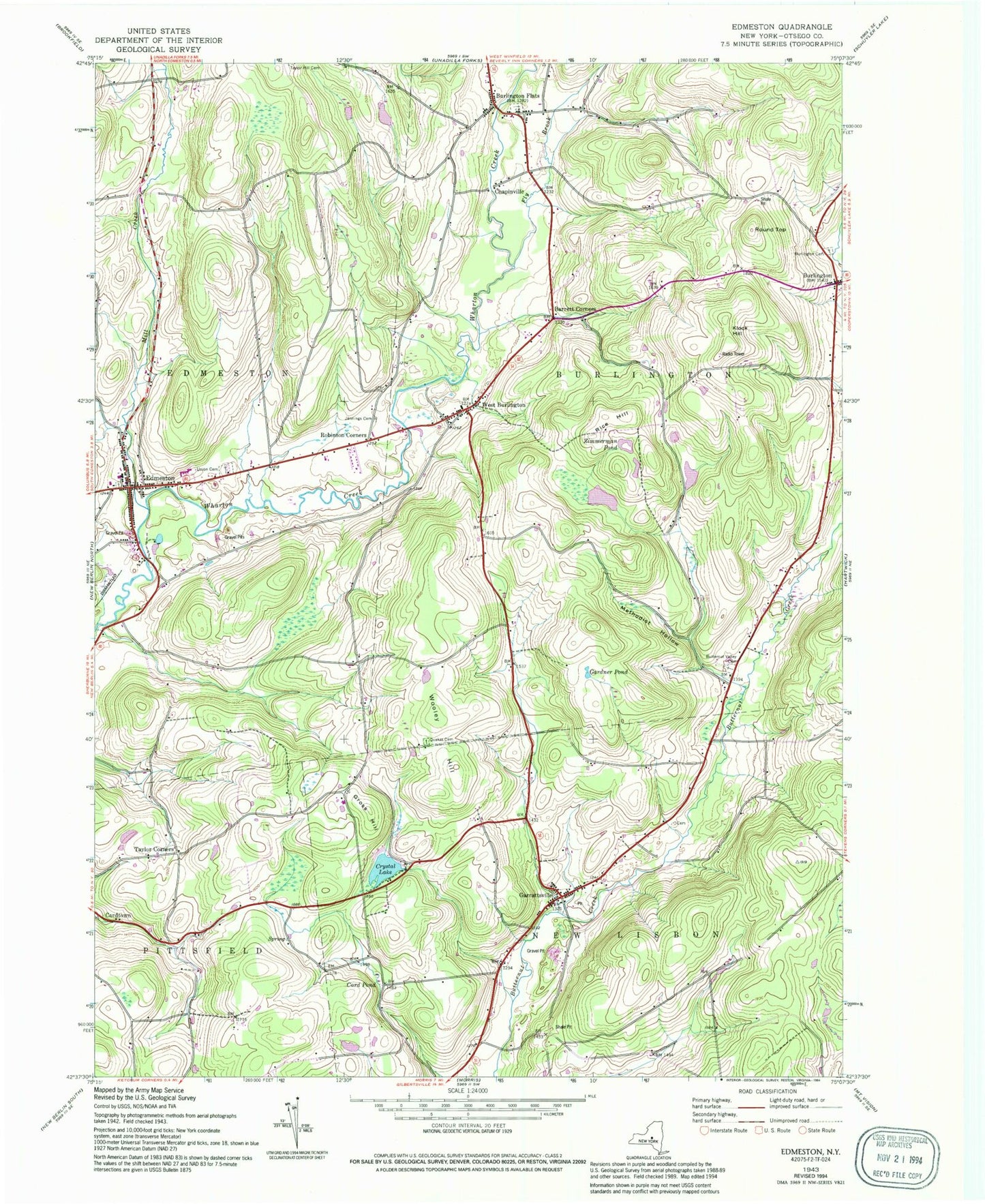 Classic USGS Edmeston New York 7.5'x7.5' Topo Map Image