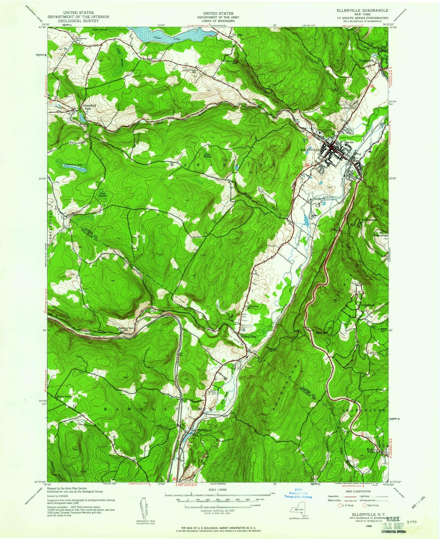 Classic USGS Ellenville New York 7.5'x7.5' Topo Map Image