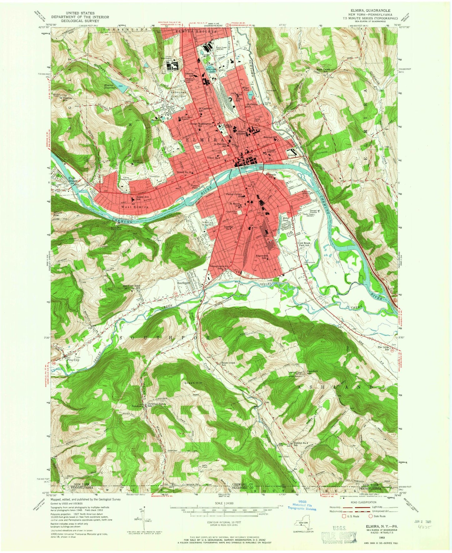 Classic USGS Elmira New York 7.5'x7.5' Topo Map Image