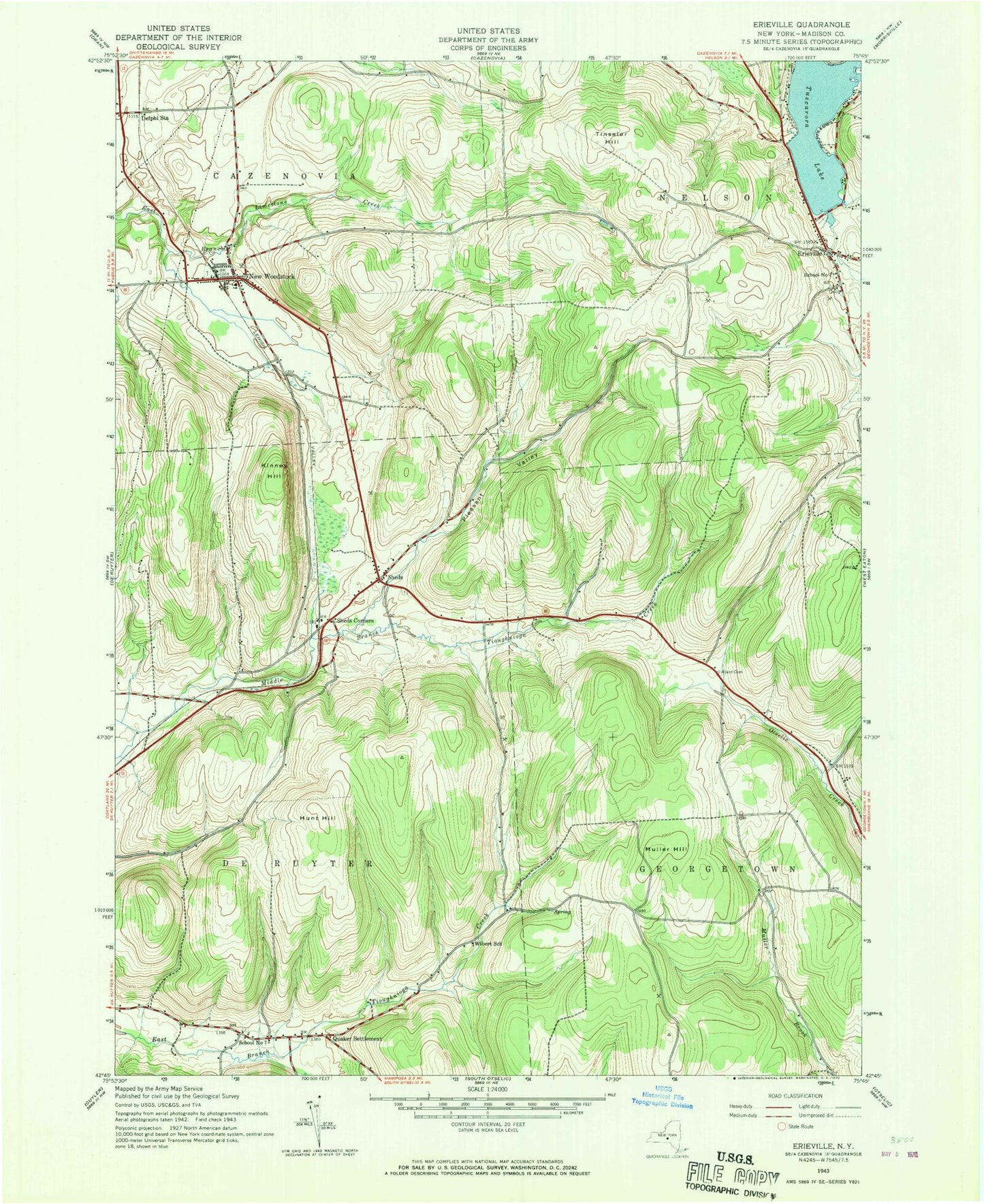 Classic USGS Erieville New York 7.5'x7.5' Topo Map Image