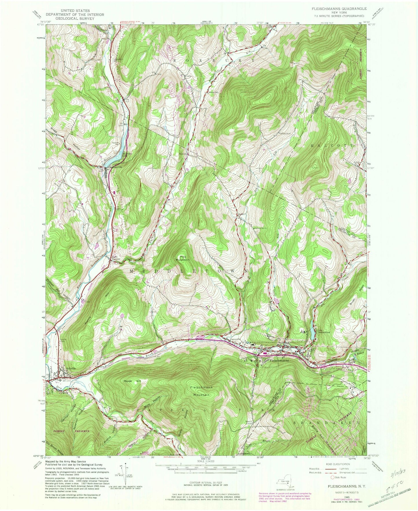 Classic USGS Fleischmanns New York 7.5'x7.5' Topo Map Image