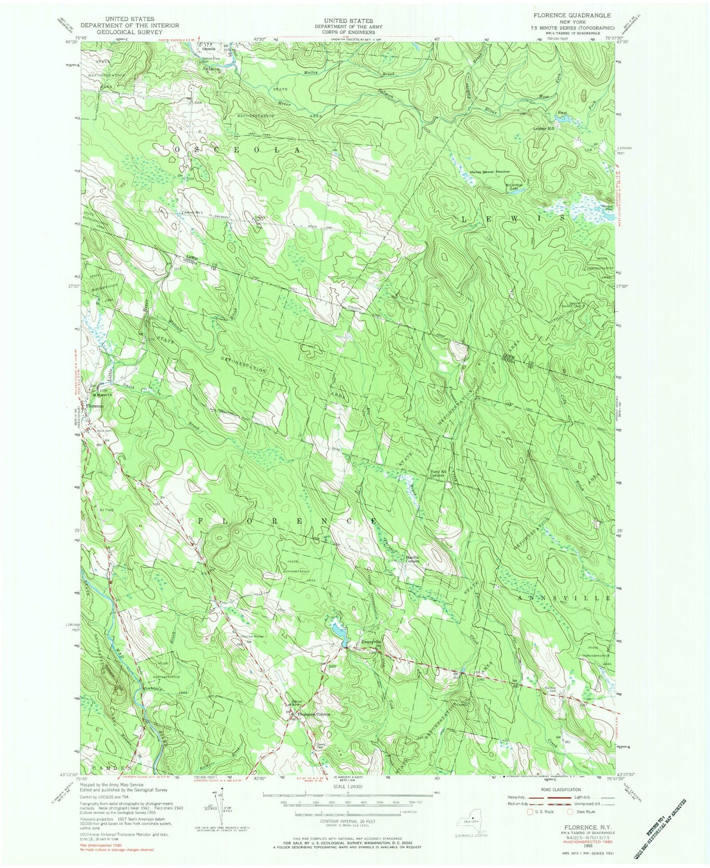 Classic USGS Florence New York 7.5'x7.5' Topo Map Image