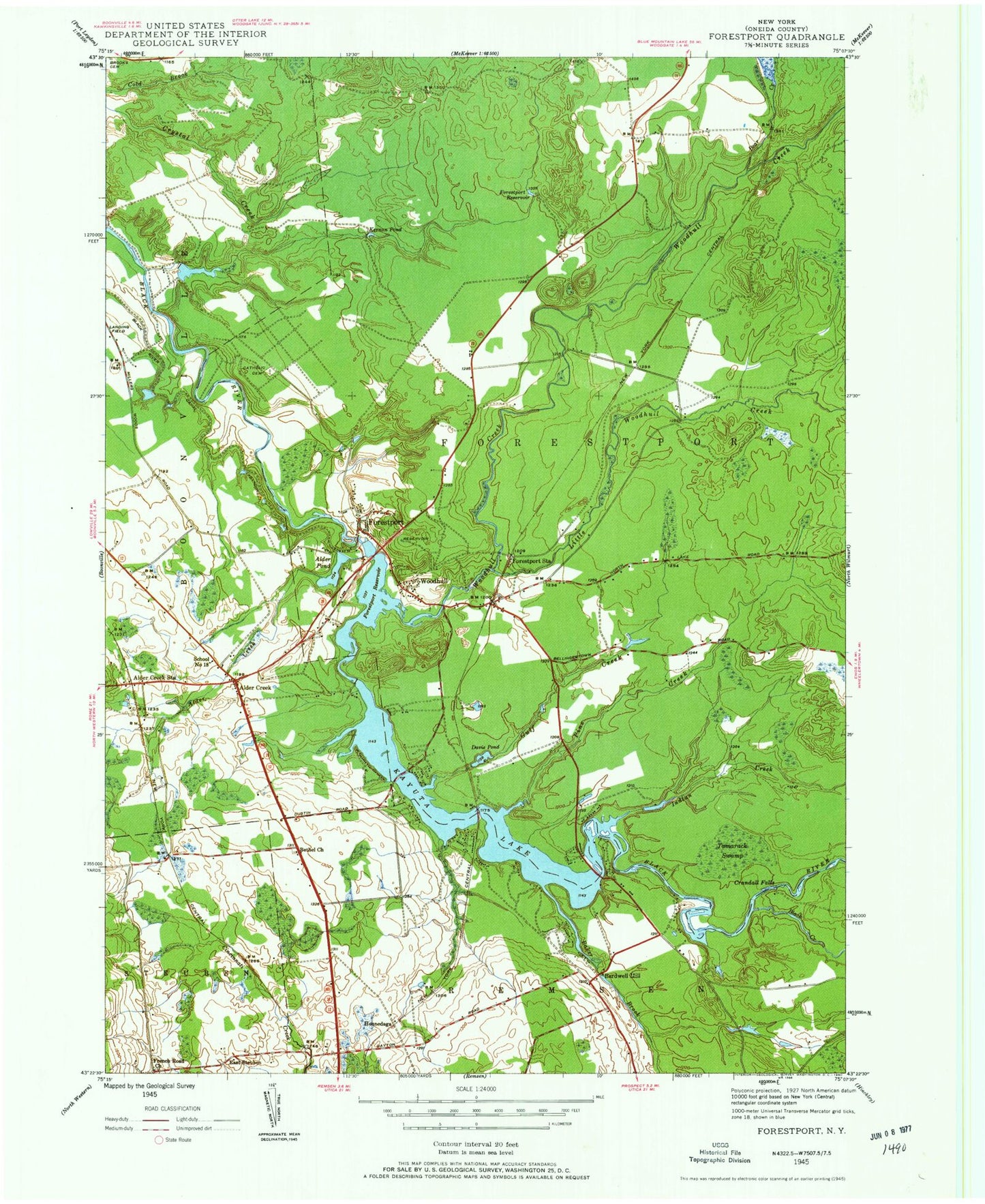 Classic USGS Forestport New York 7.5'x7.5' Topo Map Image
