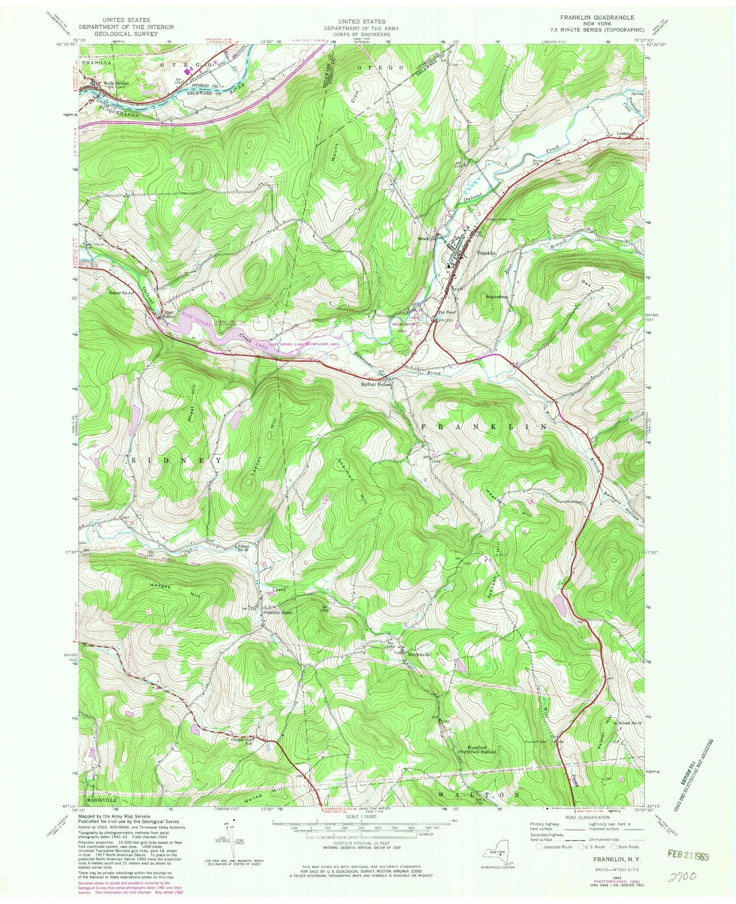 Classic USGS Franklin New York 7.5'x7.5' Topo Map Image