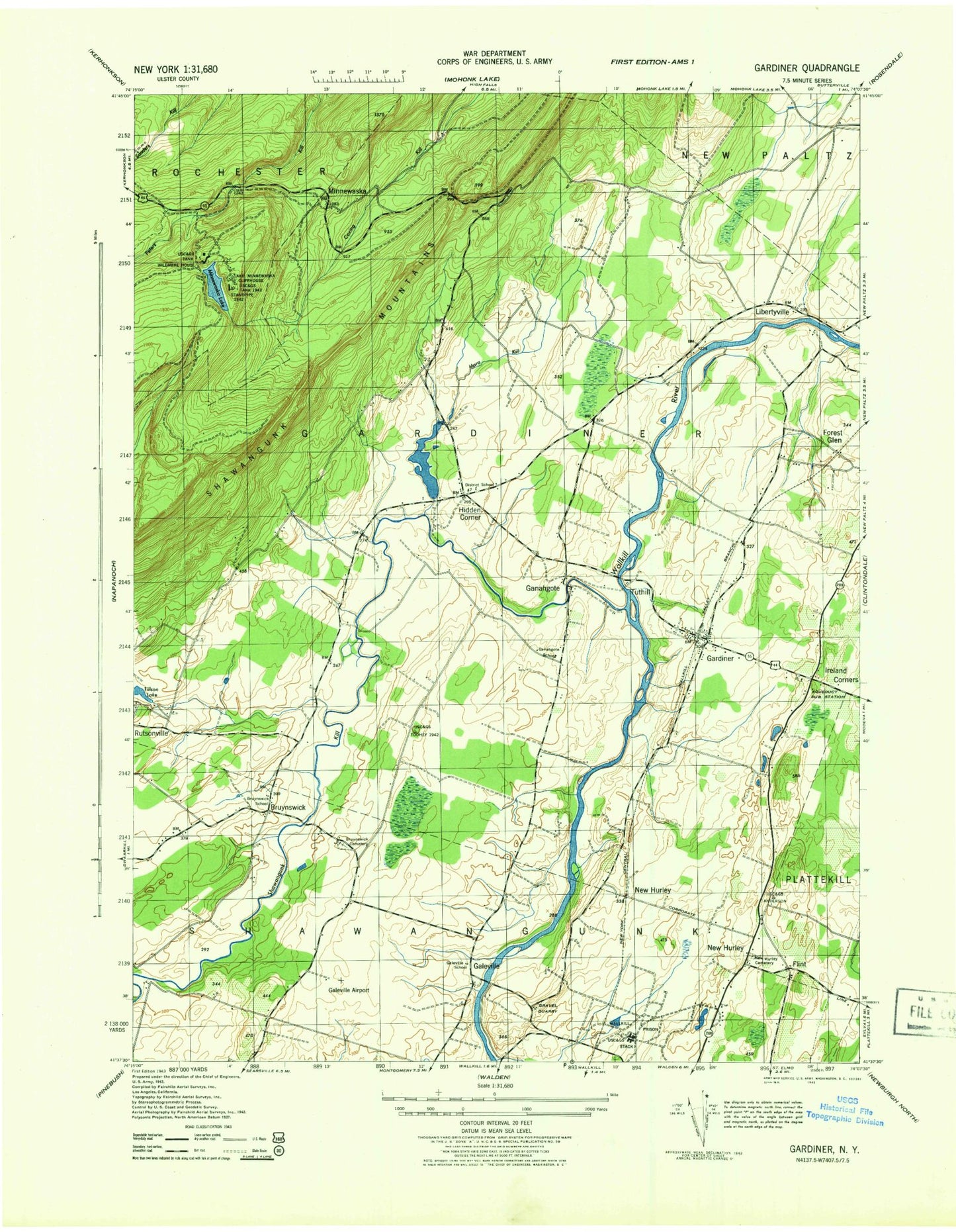 Classic USGS Gardiner New York 7.5'x7.5' Topo Map Image