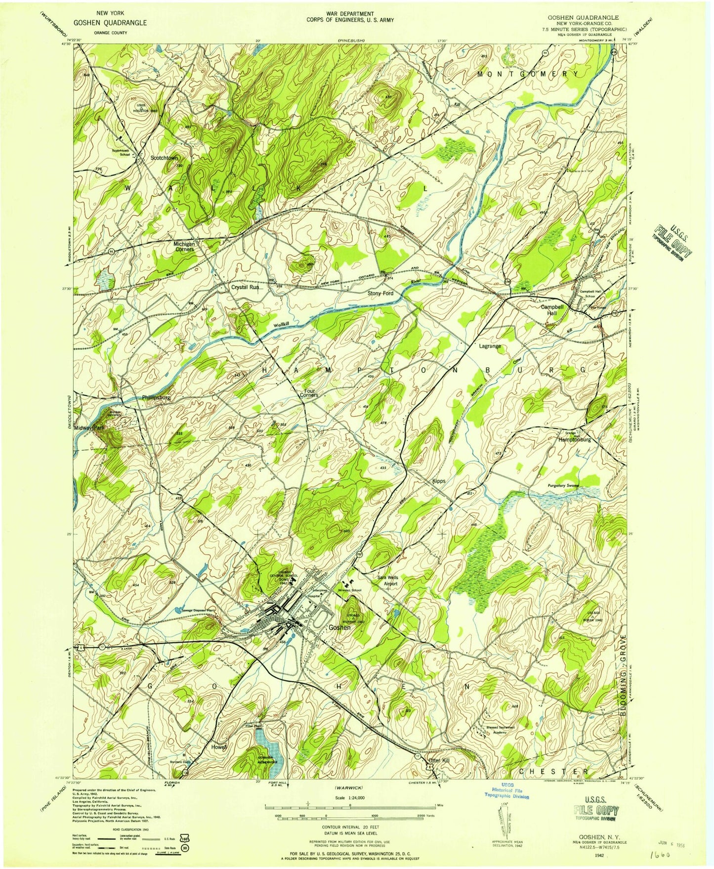 Classic USGS Goshen New York 7.5'x7.5' Topo Map Image