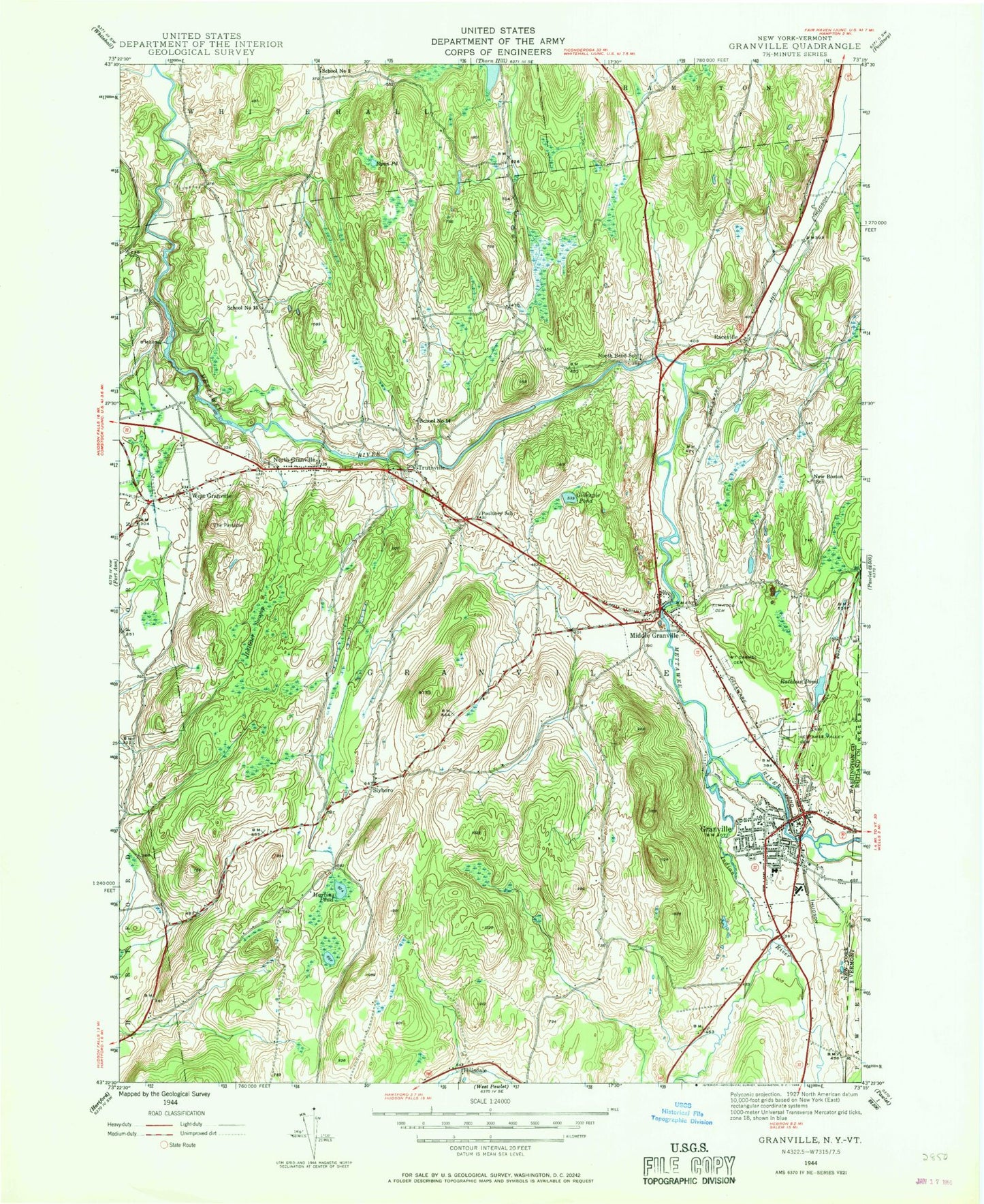 Classic USGS Granville New York 7.5'x7.5' Topo Map Image