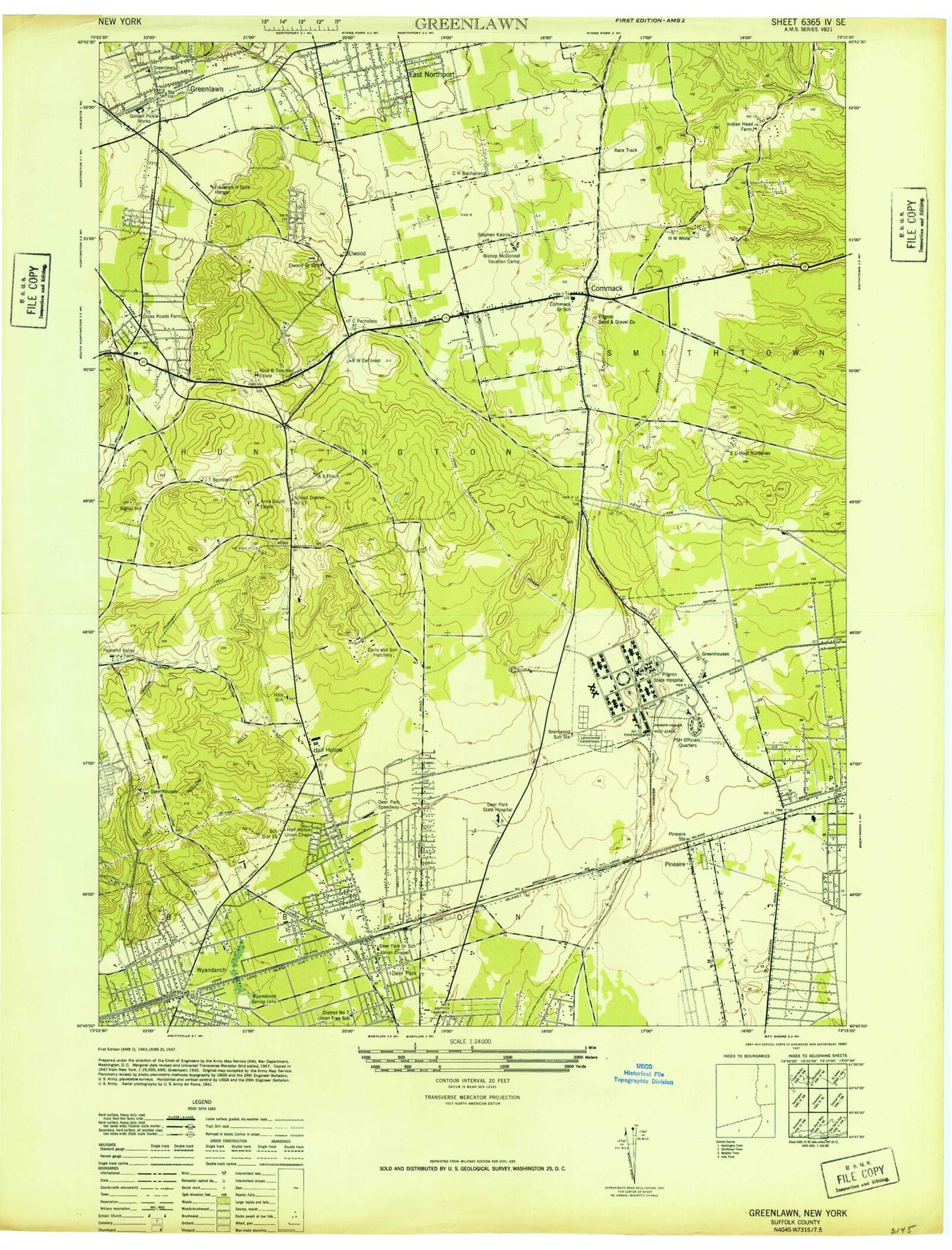 Classic USGS Greenlawn New York 7.5'x7.5' Topo Map Image