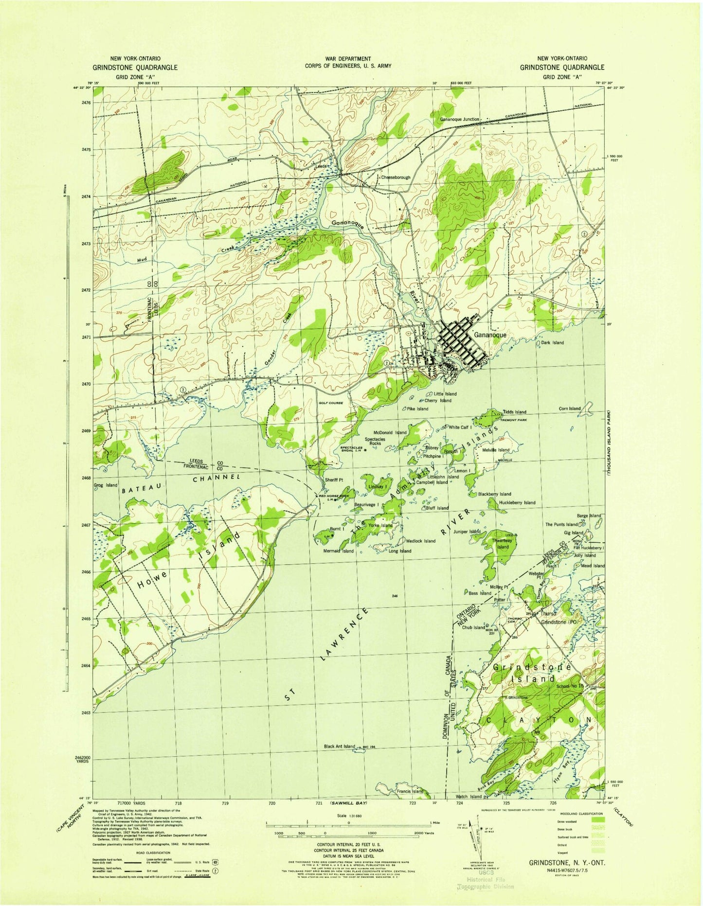 Classic USGS Gananoque Ontario 7.5'x7.5' Topo Map Image