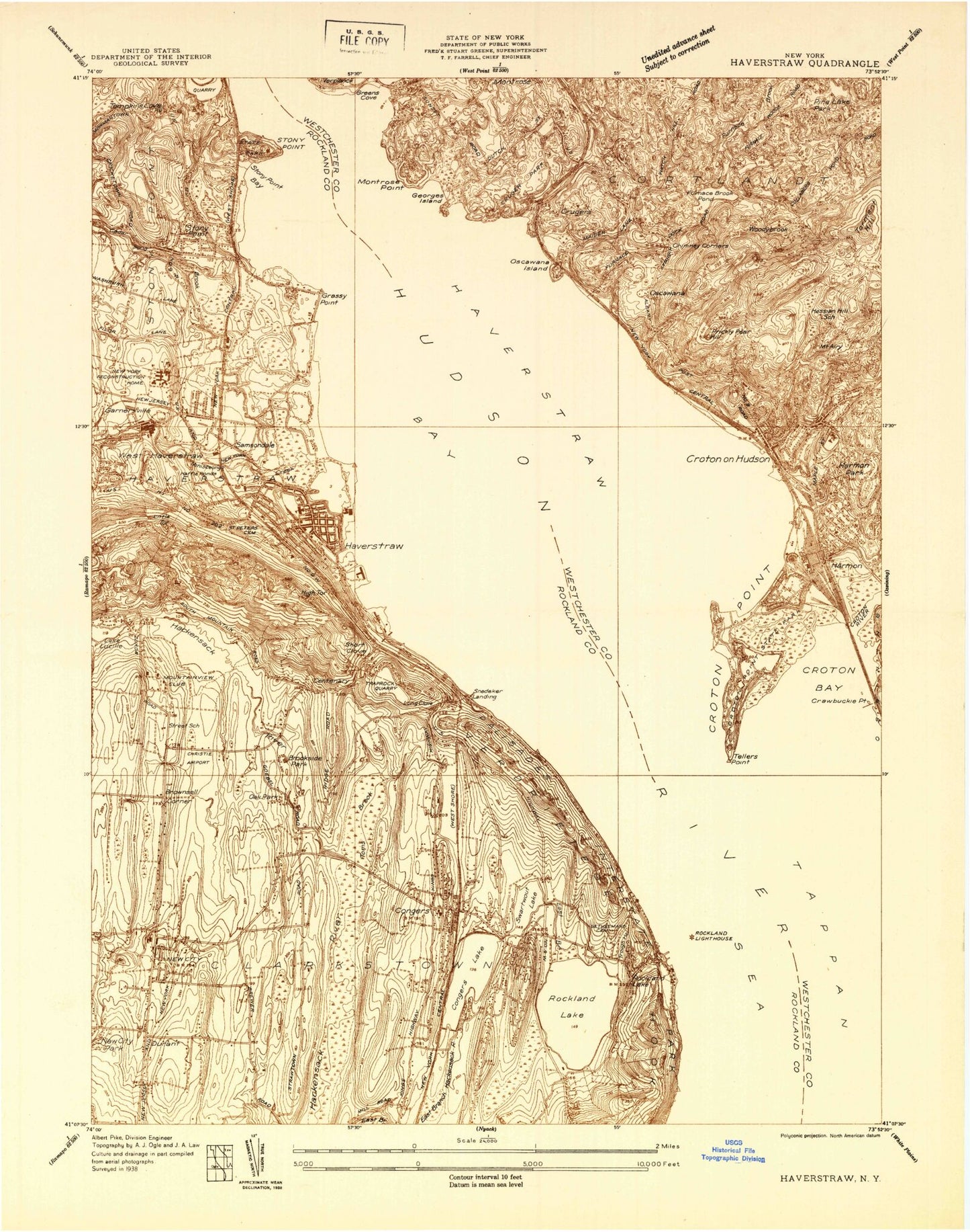 Classic USGS Haverstraw New York 7.5'x7.5' Topo Map Image