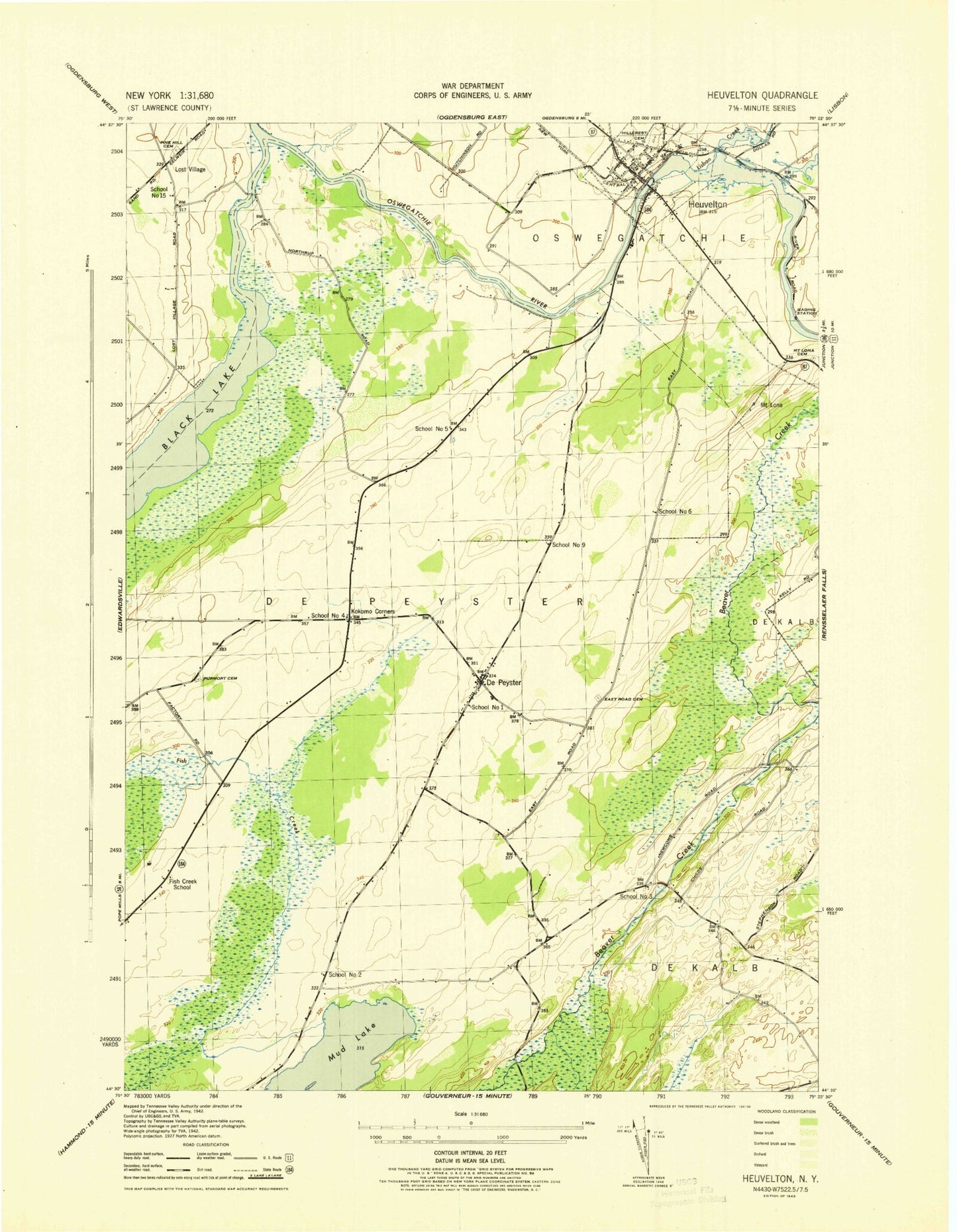 Classic USGS Heuvelton New York 7.5'x7.5' Topo Map Image