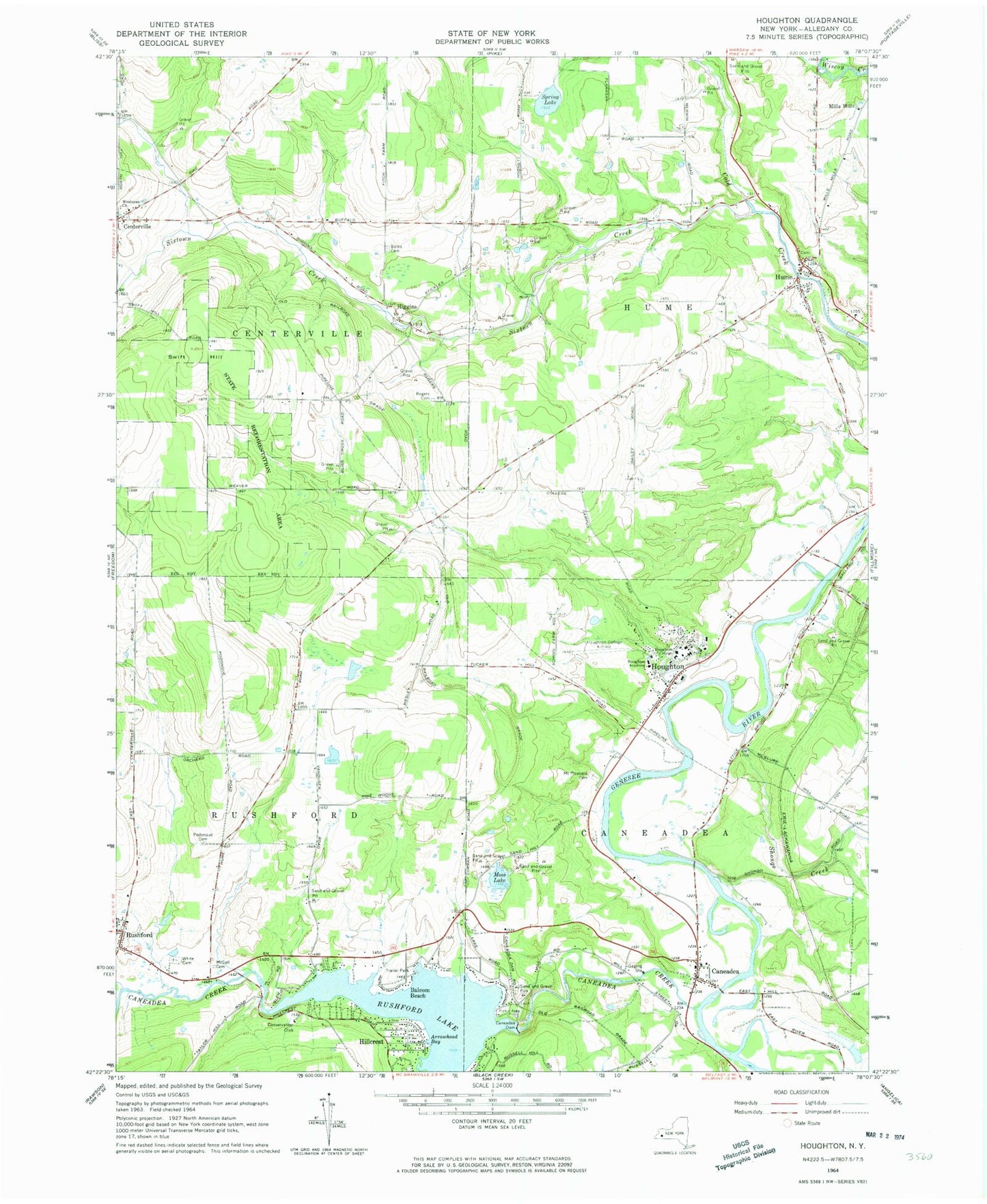 Classic USGS Houghton New York 7.5'x7.5' Topo Map Image