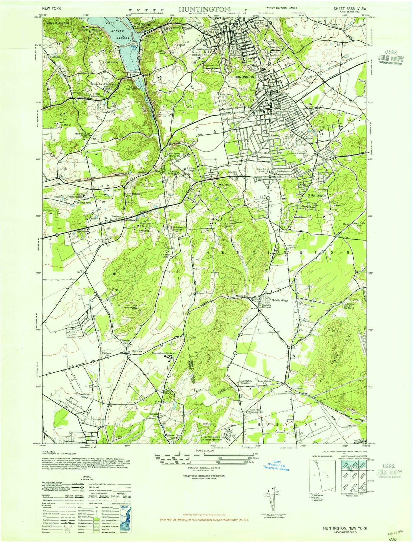 Classic USGS Huntington New York 7.5'x7.5' Topo Map Image