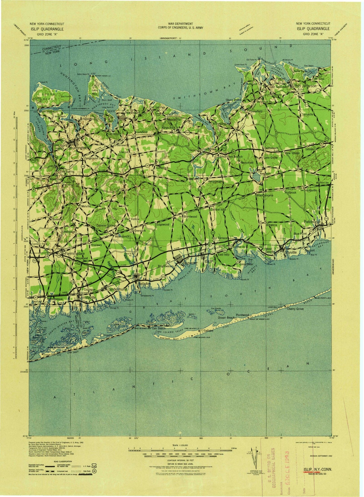 Historic 1942 Islip New York 30'x30' Topo Map Image
