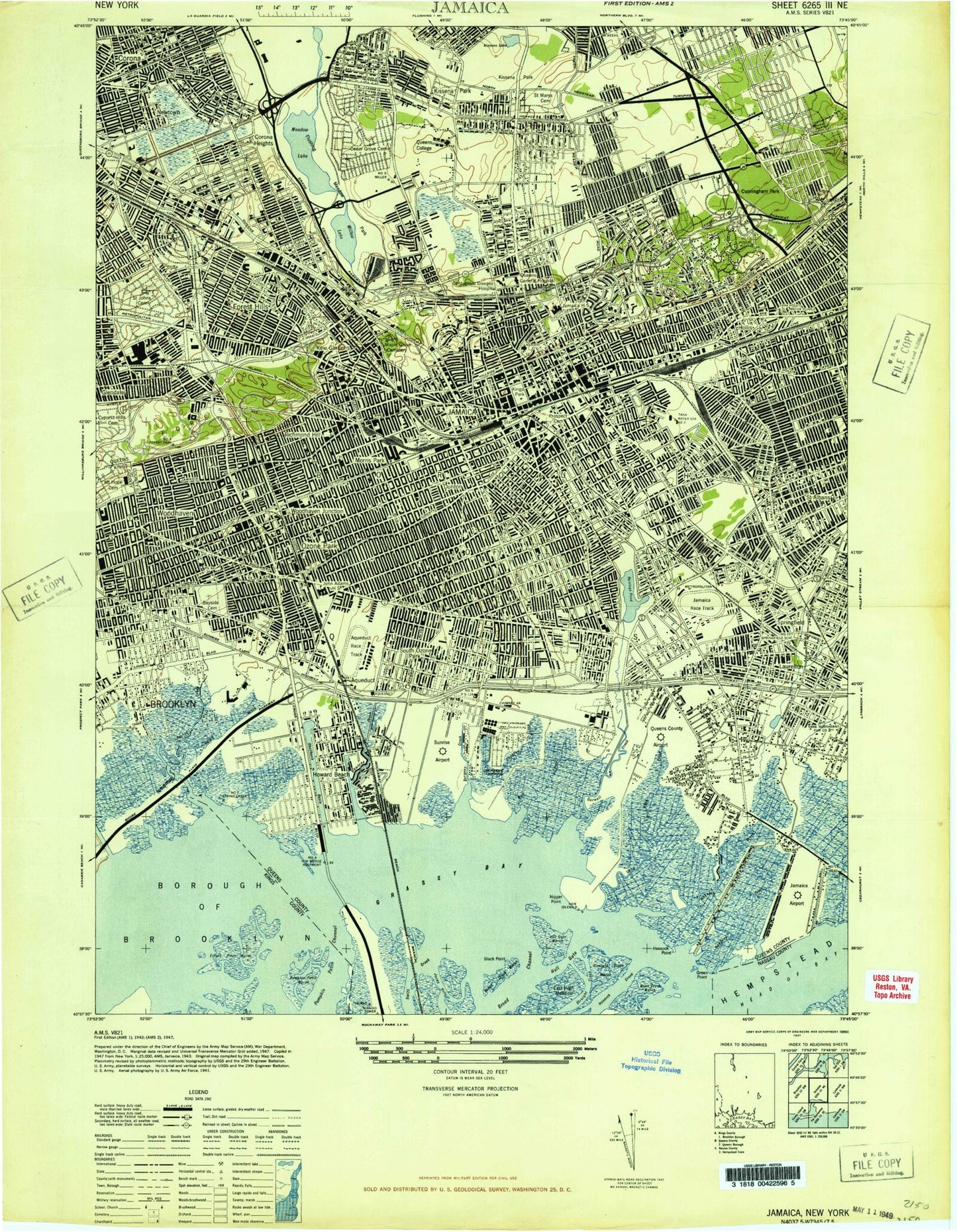 Classic USGS Jamaica New York 7.5'x7.5' Topo Map Image
