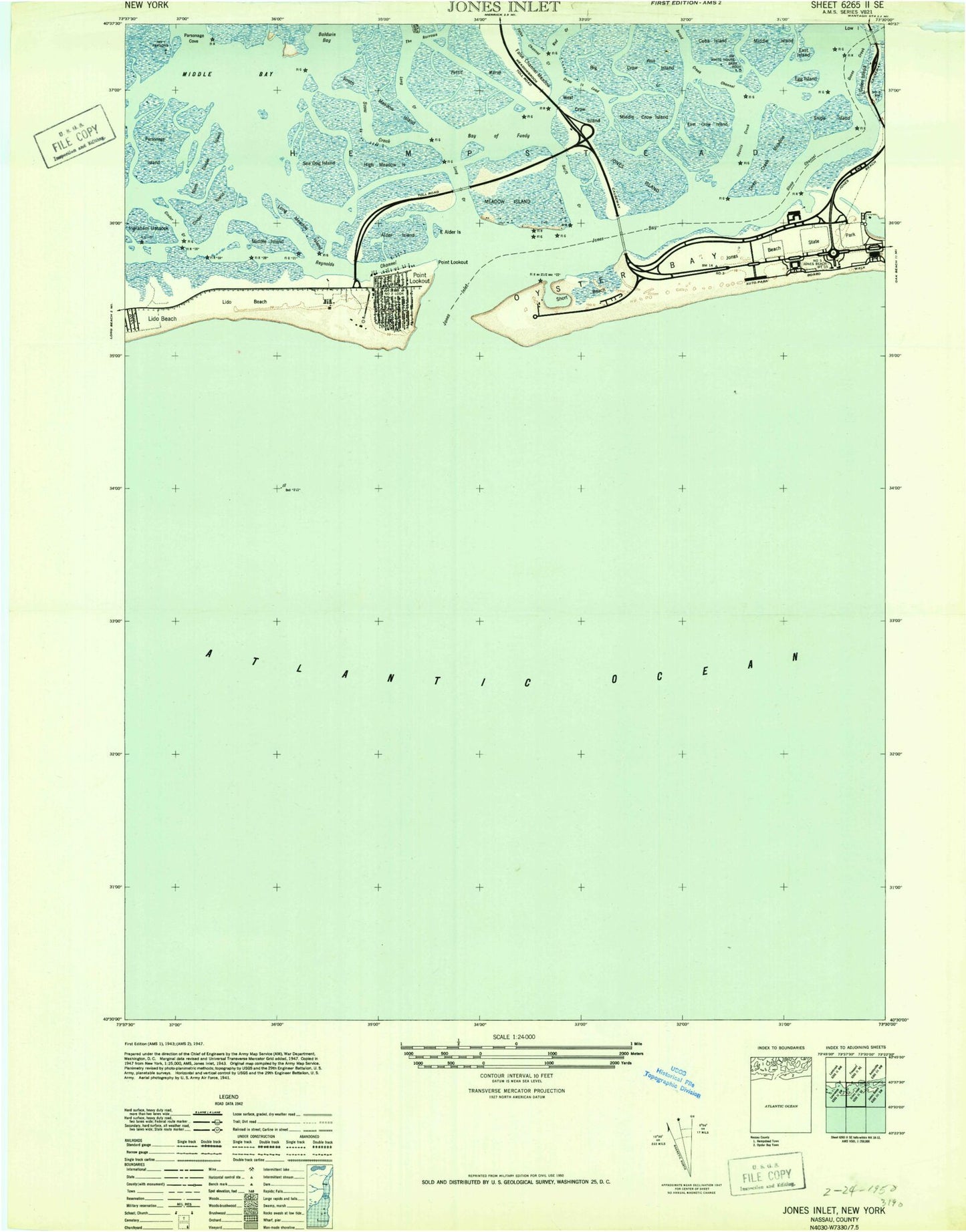 Classic USGS Jones Inlet New York 7.5'x7.5' Topo Map Image