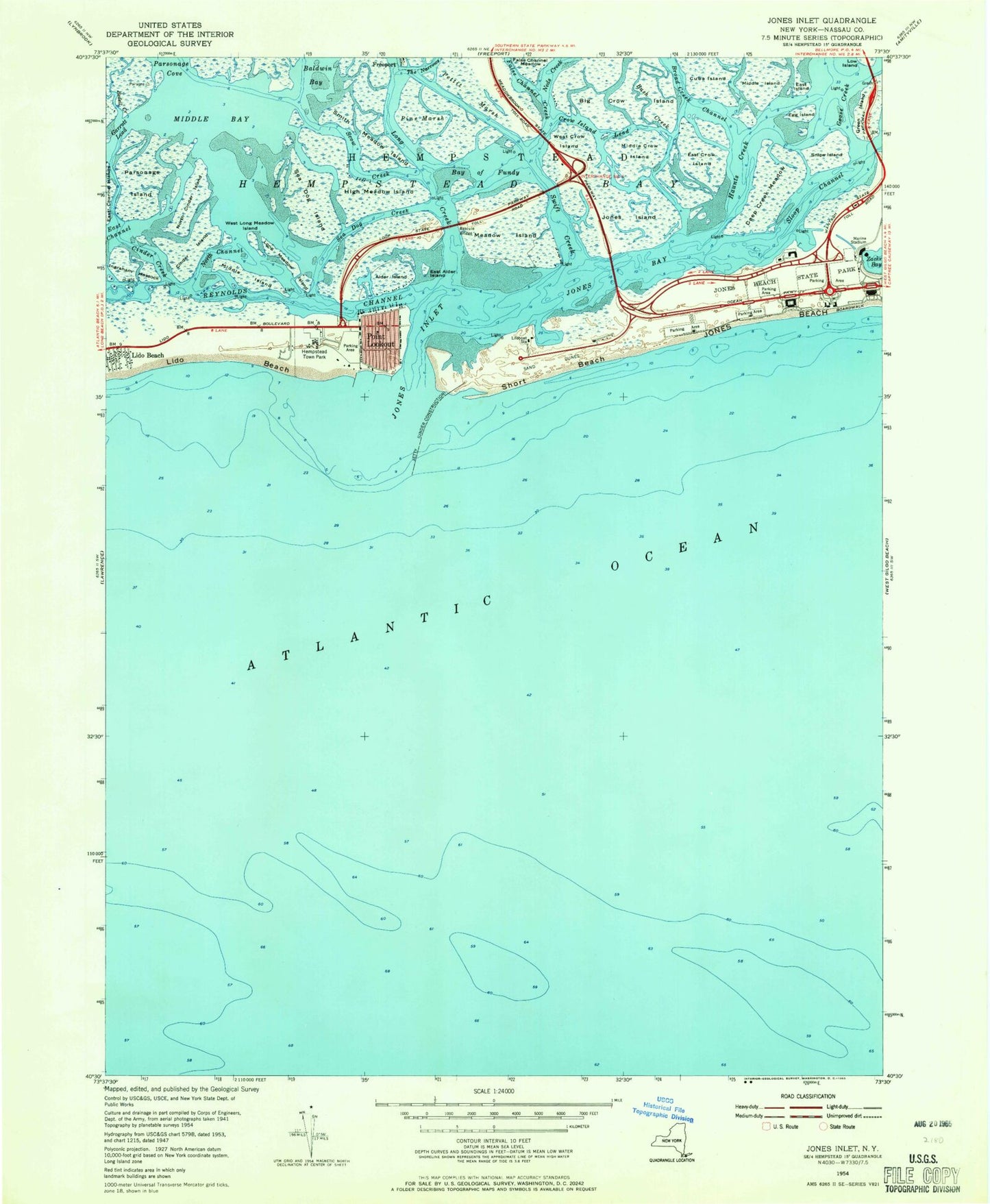 Classic USGS Jones Inlet New York 7.5'x7.5' Topo Map Image