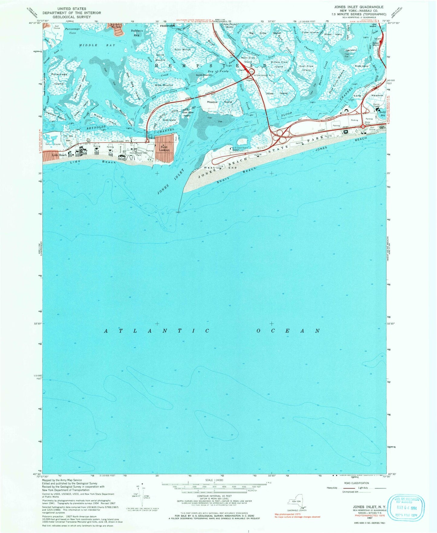 Classic USGS Jones Inlet New York 7.5'x7.5' Topo Map Image