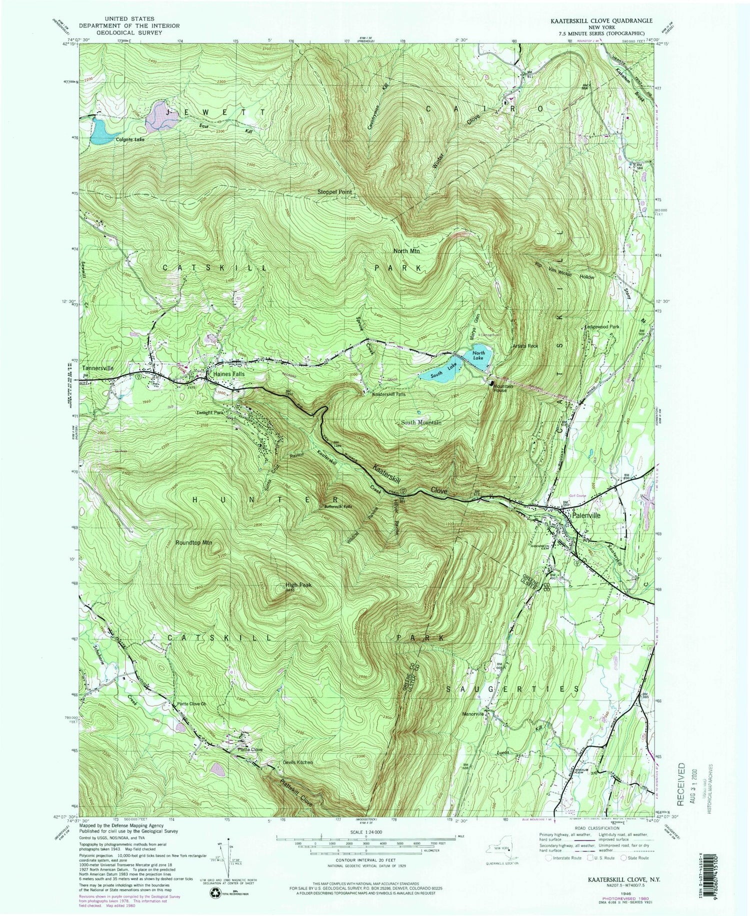Classic USGS Kaaterskill Clove New York 7.5'x7.5' Topo Map Image