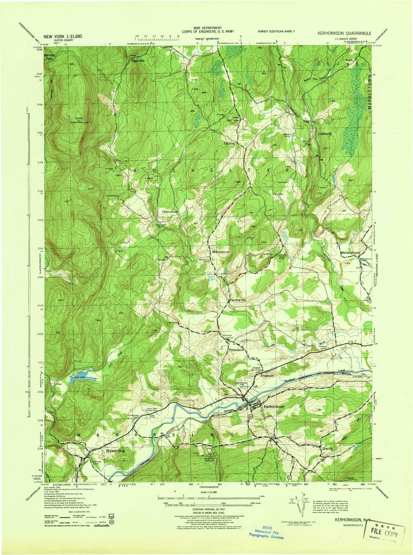 Classic USGS Kerhonkson New York 7.5'x7.5' Topo Map Image