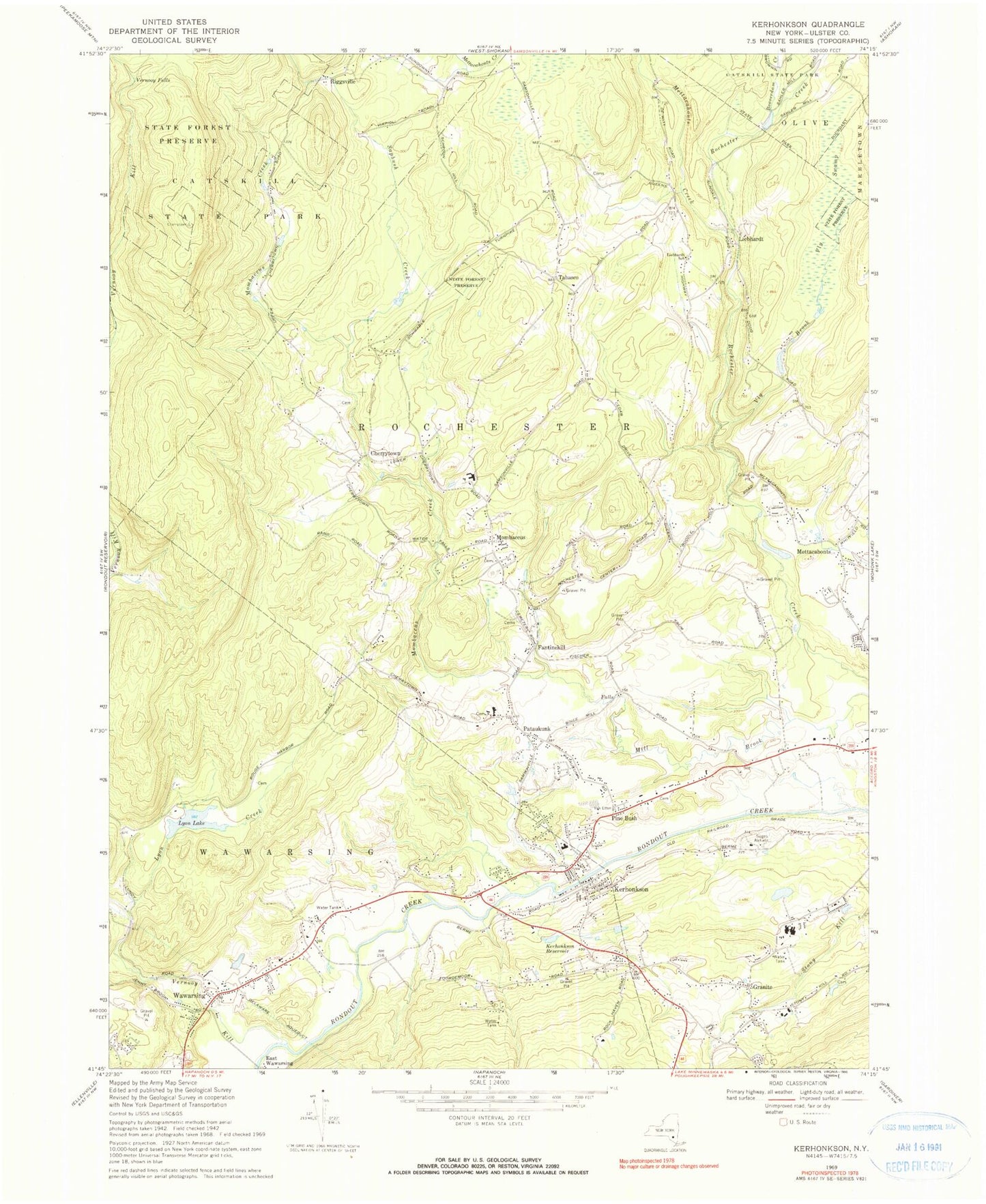Classic USGS Kerhonkson New York 7.5'x7.5' Topo Map Image