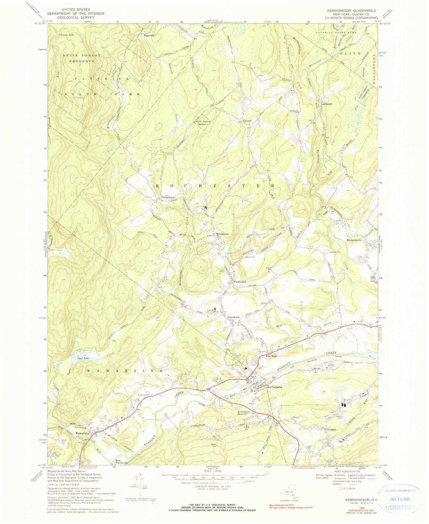 Classic USGS Kerhonkson New York 7.5'x7.5' Topo Map Image