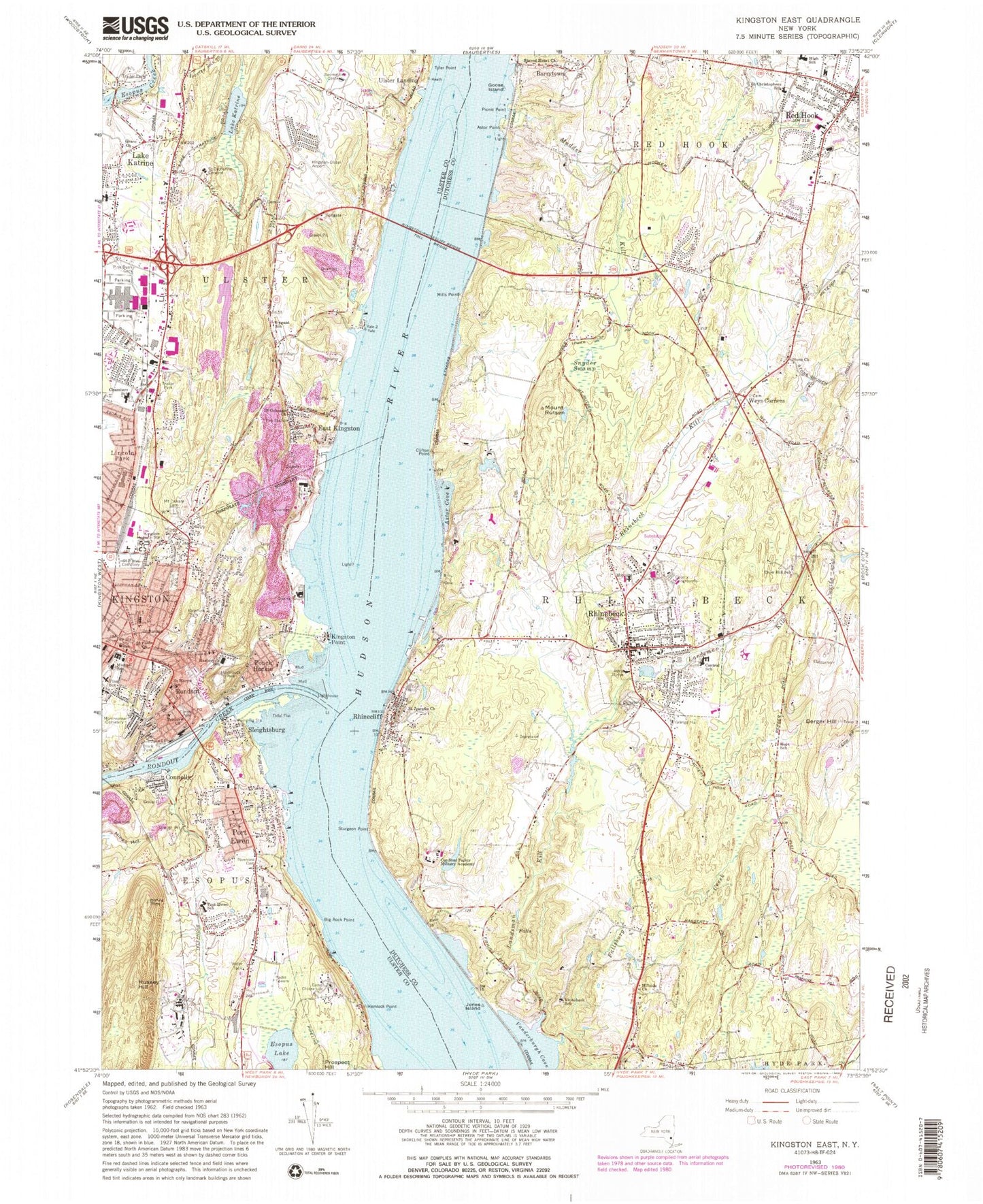 Classic USGS Kingston East New York 7.5'x7.5' Topo Map Image