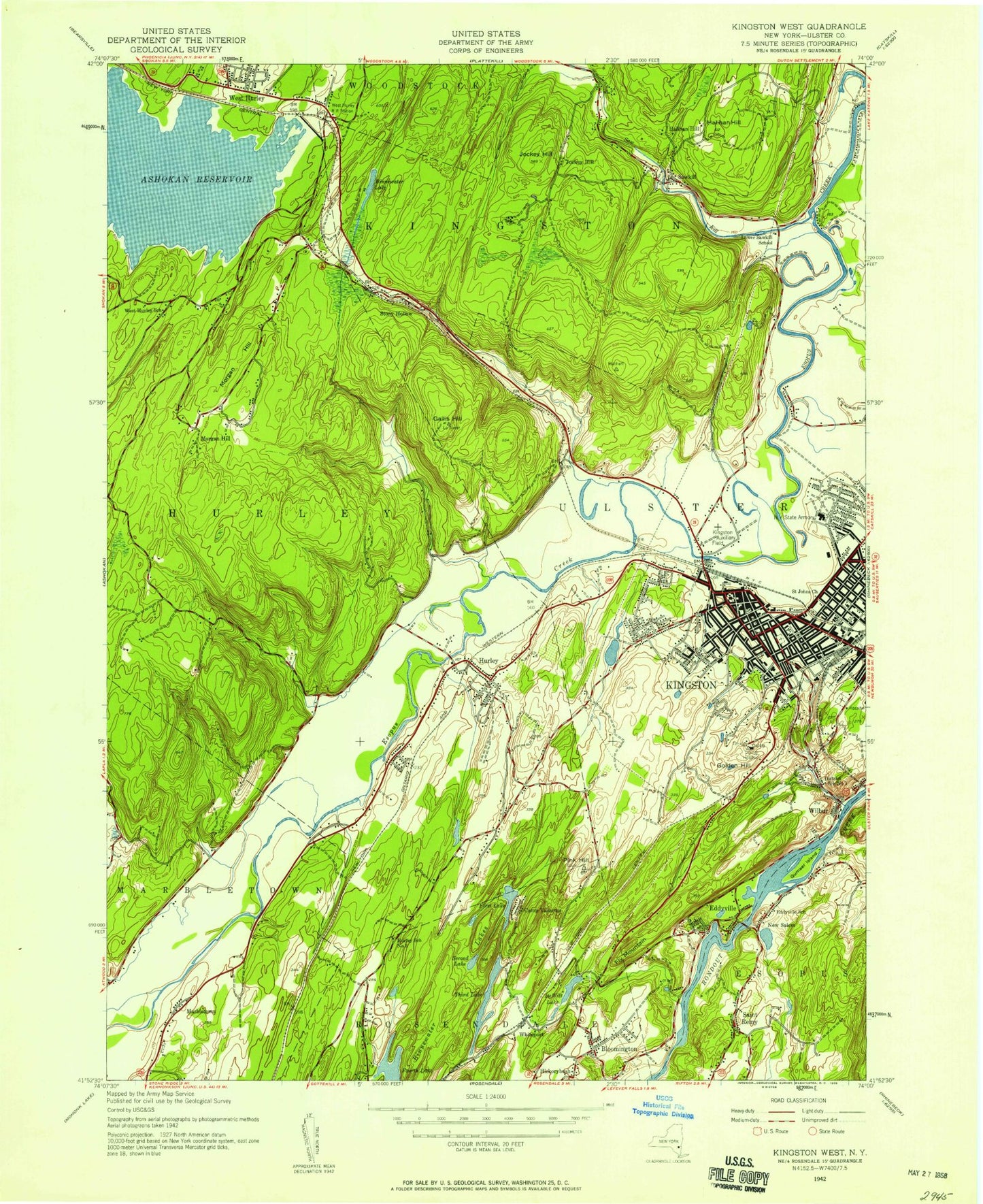 Classic USGS Kingston West New York 7.5'x7.5' Topo Map Image