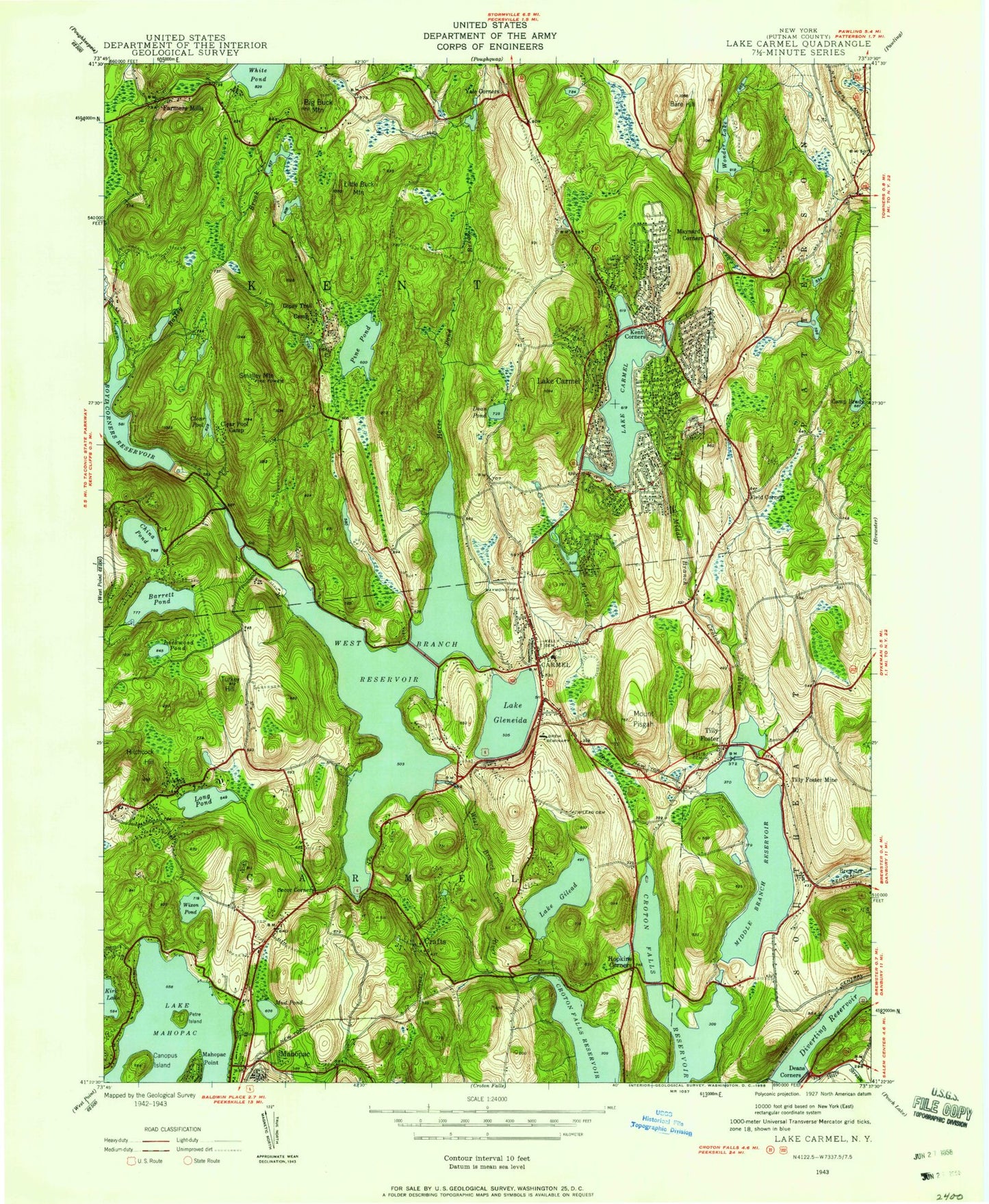 Classic USGS Lake Carmel New York 7.5'x7.5' Topo Map Image