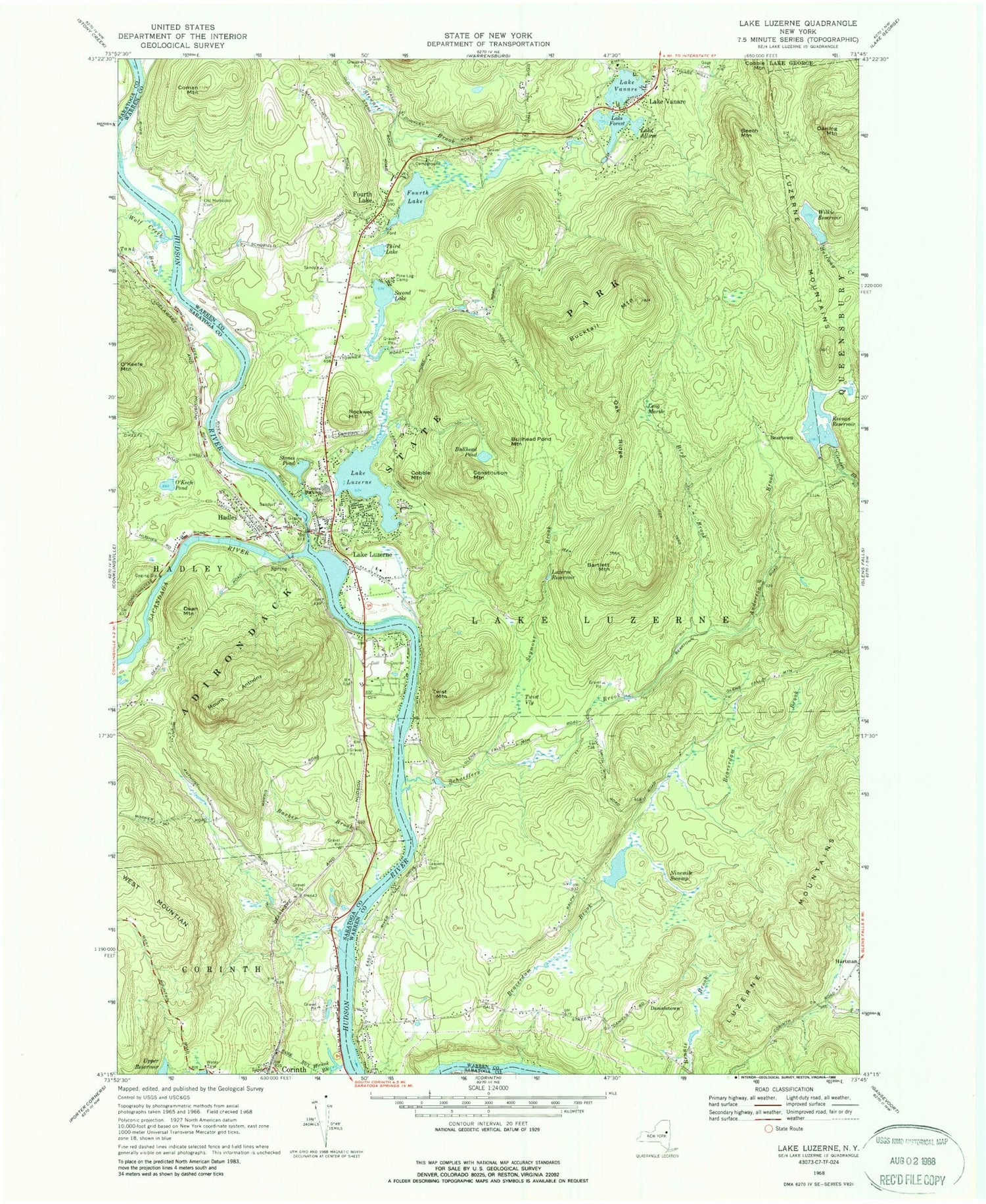 Classic USGS Lake Luzerne New York 7.5'x7.5' Topo Map Image