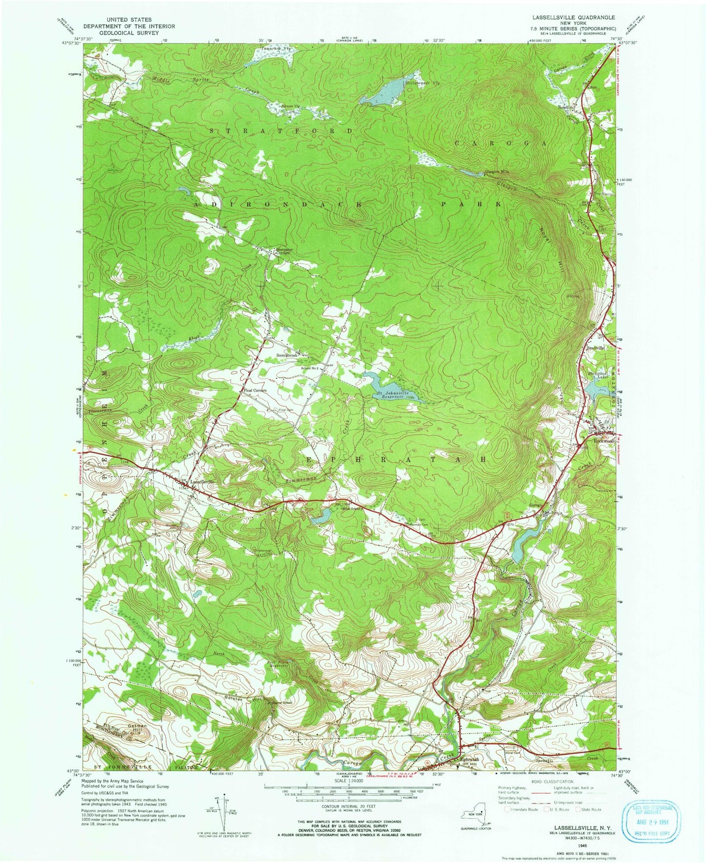 Classic USGS Lassellsville New York 7.5'x7.5' Topo Map Image