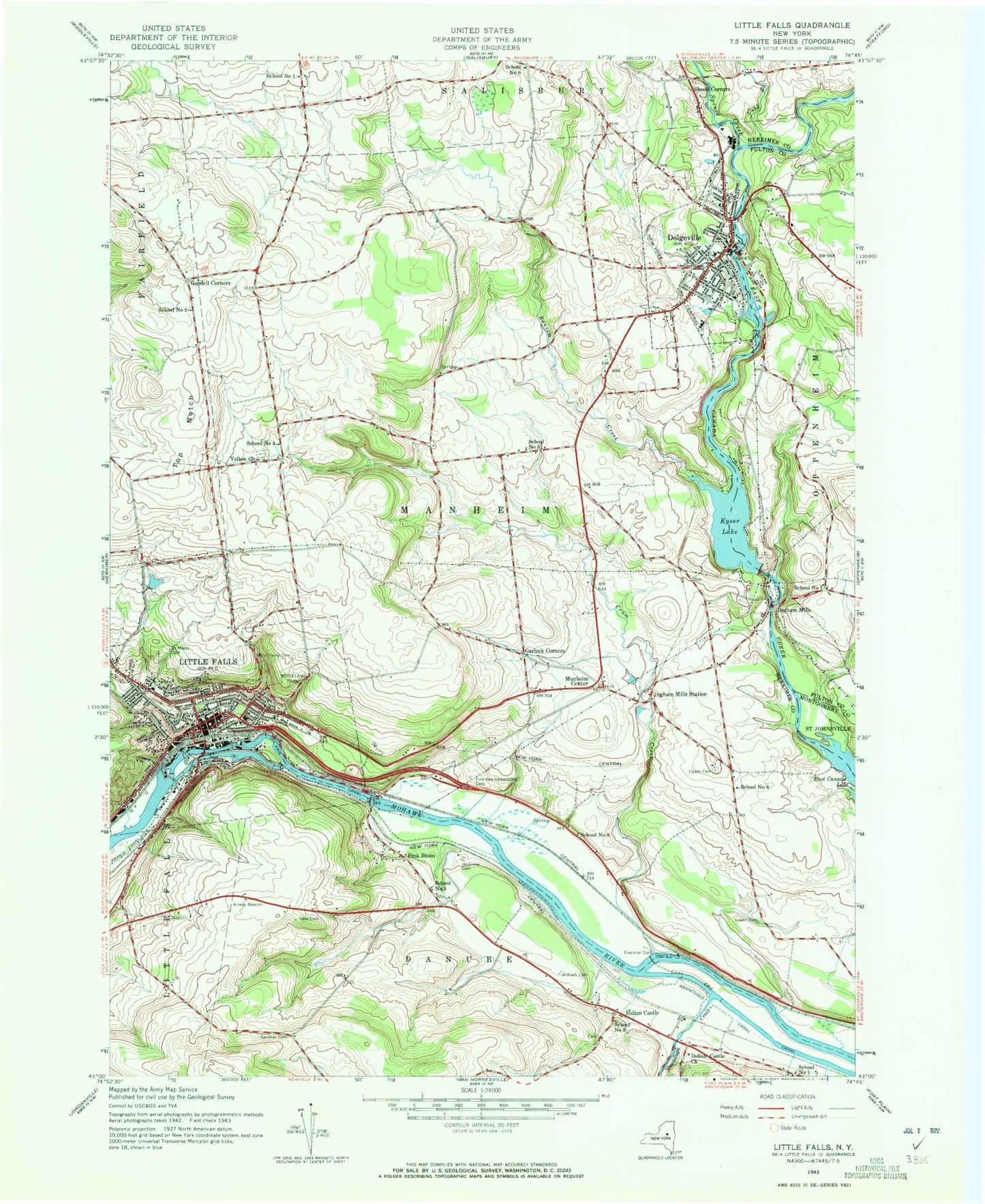 Classic USGS Little Falls New York 7.5'x7.5' Topo Map Image