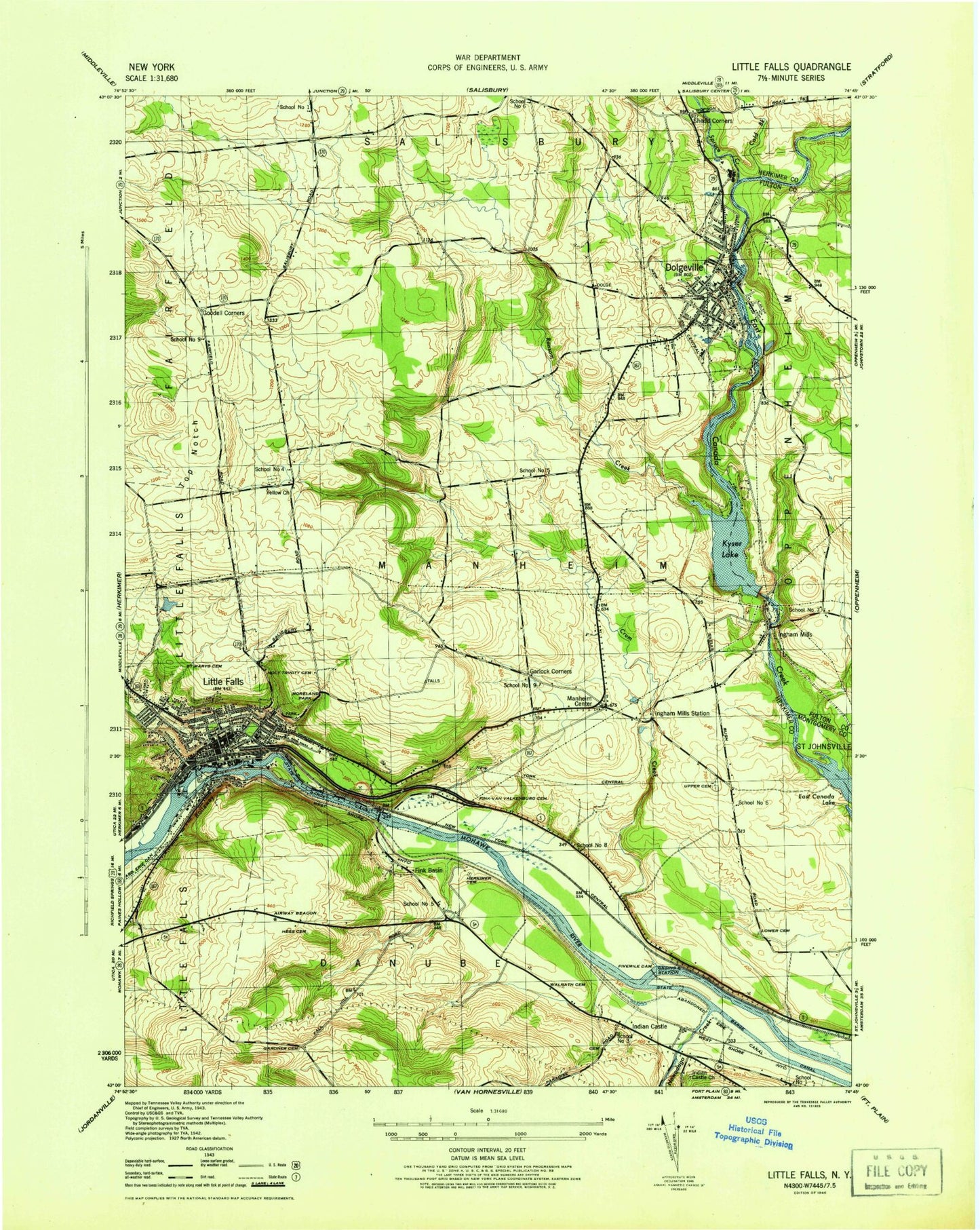 Classic USGS Little Falls New York 7.5'x7.5' Topo Map Image