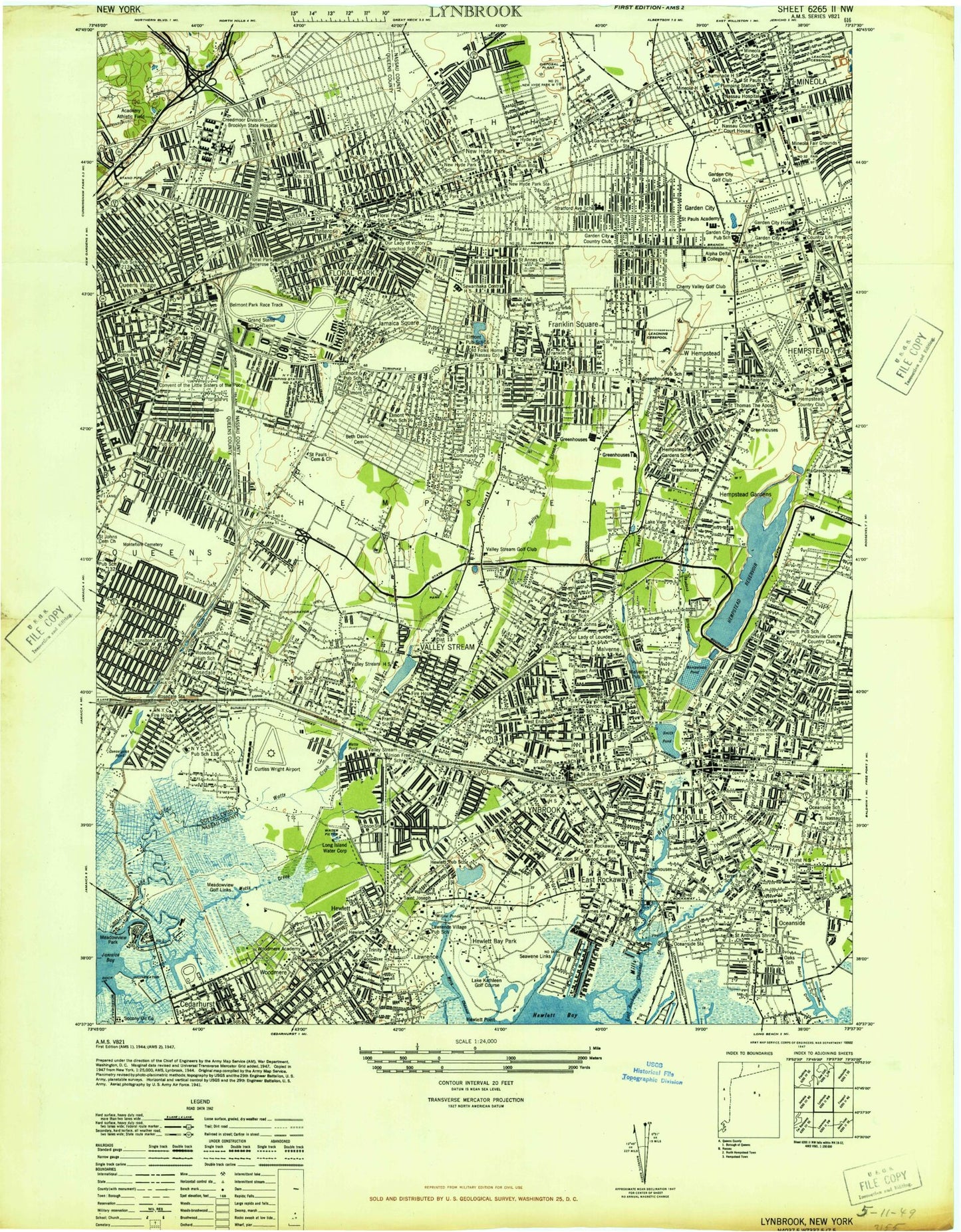 Classic USGS Lynbrook New York 7.5'x7.5' Topo Map Image
