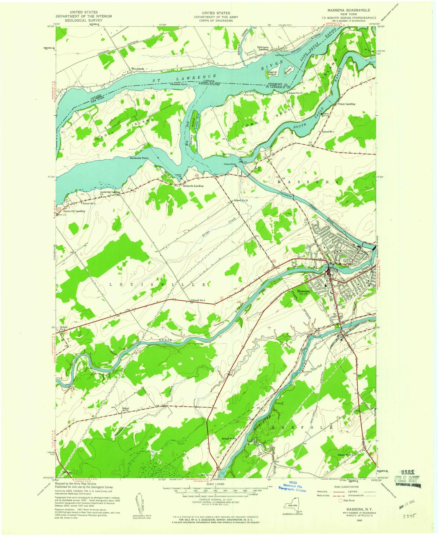 Classic USGS Massena New York 7.5'x7.5' Topo Map Image